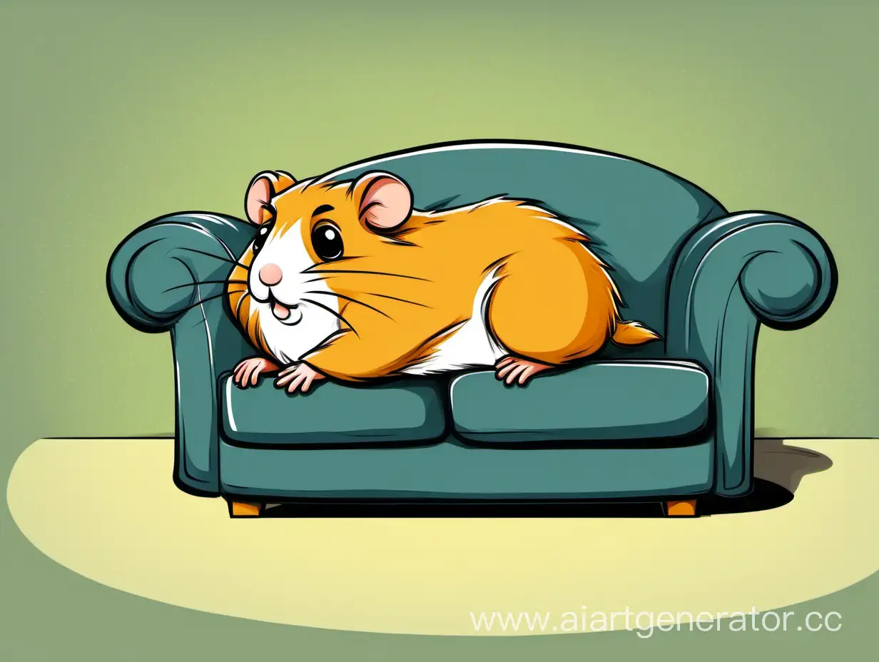 The hamster is lying on a small sofa, cartoon