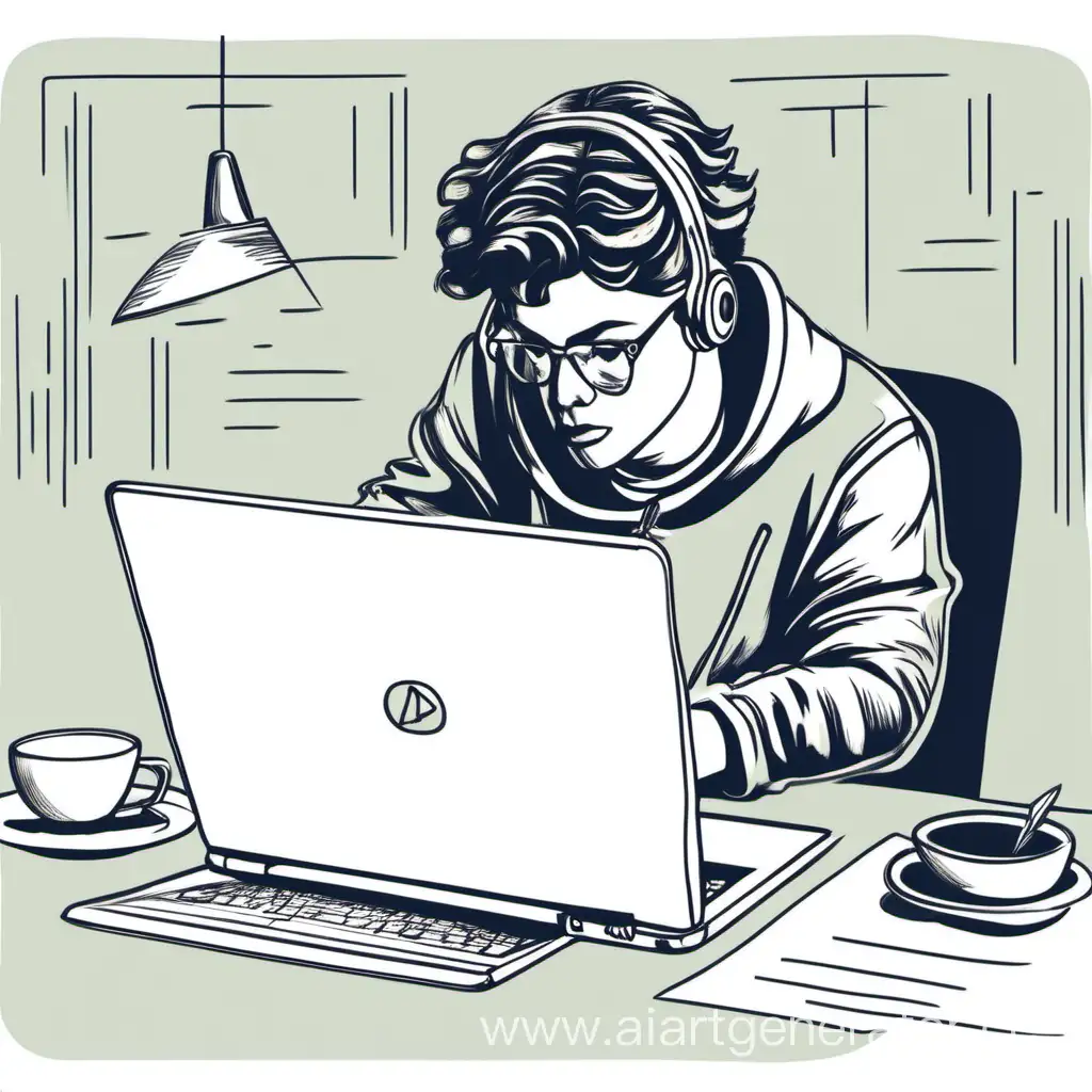 Нарисованная иллюстрация, человек работает в ноутбуке
