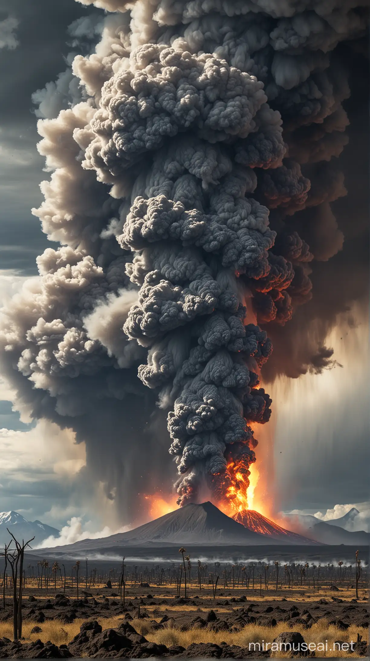  Create a realistic image of    global consequences of the eruption, with ash and sulfur dioxide cooling temperatures worldwide, reducing agricultural output, and causing acid rain.