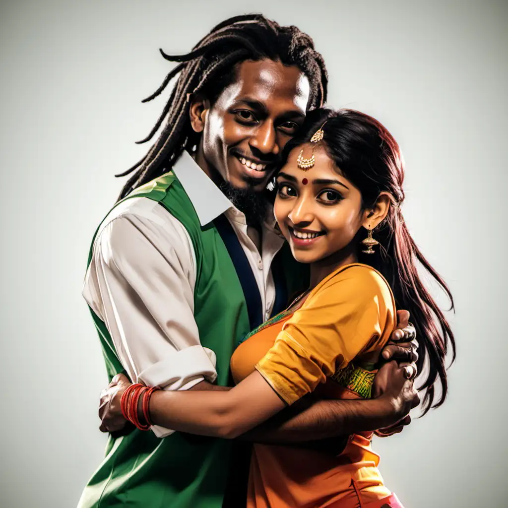 a jamaican man and an indian woman, in their 30s, holding each other, anime style