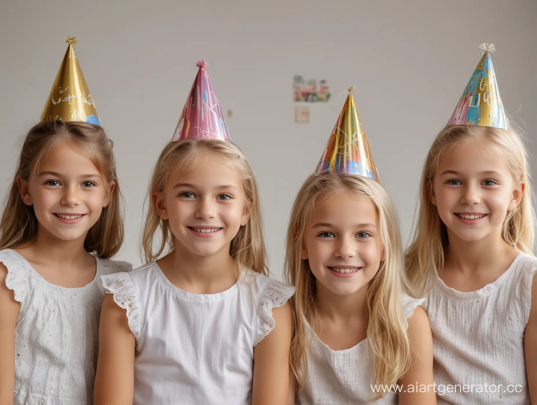 image featuring 5  European glamour dressed, light-haired children 12 years old, one of them wearing birthday hat,  The children should be positioned in a way that they are all visible and appear to be enjoying the celebration in Wednesday movie style, the children should be arranged in line, The scene should be lively and joyful, capturing the essence of a birthday party, clear white background, sharp focus, depth of field, 8k photo, HDR, professional lighting, taken with Canon EOS R5, 75mm lens