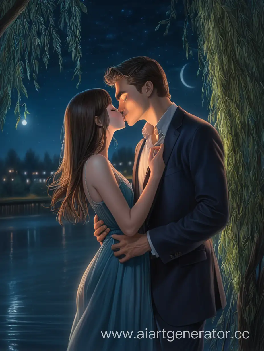 Красивый мужчина пытается поцеловать девушку ночью на фоне река и ивы 