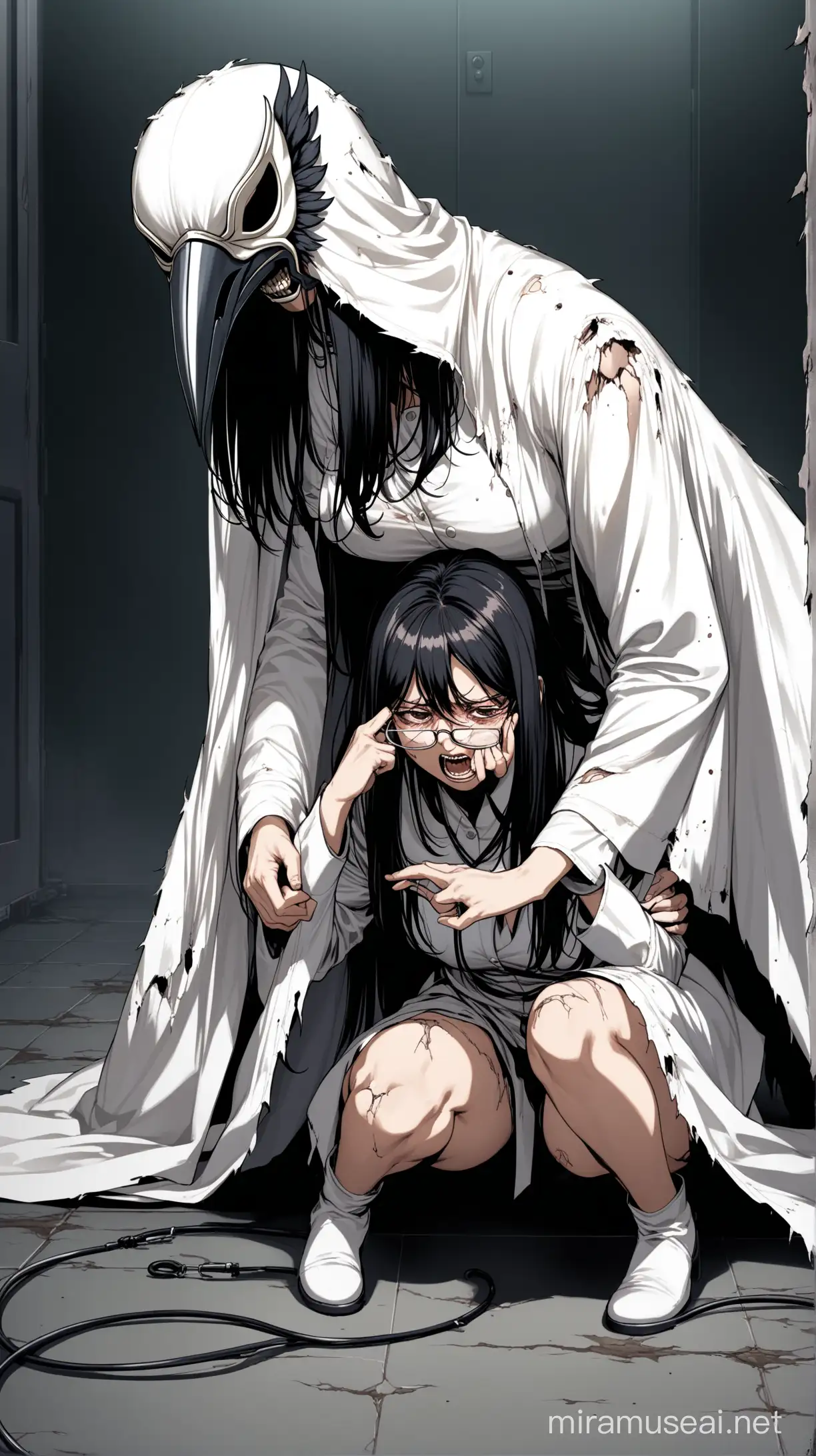 A female plauge doctor with white leather crow mask. She has an all white leather cloak that covers her head. She crouches over a terrified man with black hair and glasses.  His clothes torn and tattered. 