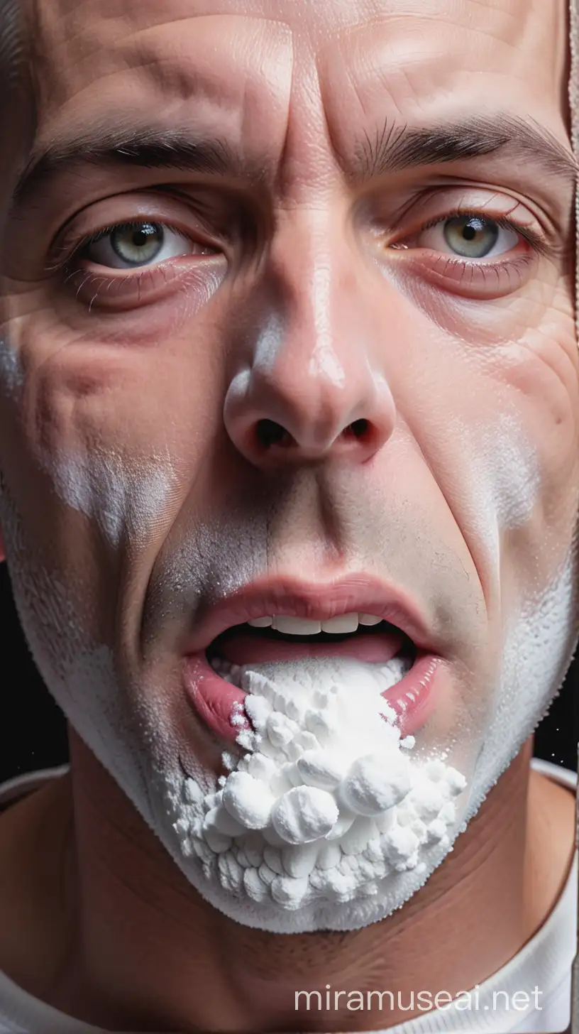 A man with a mouth full of white powder (close-up, to see the whole face), very creepy