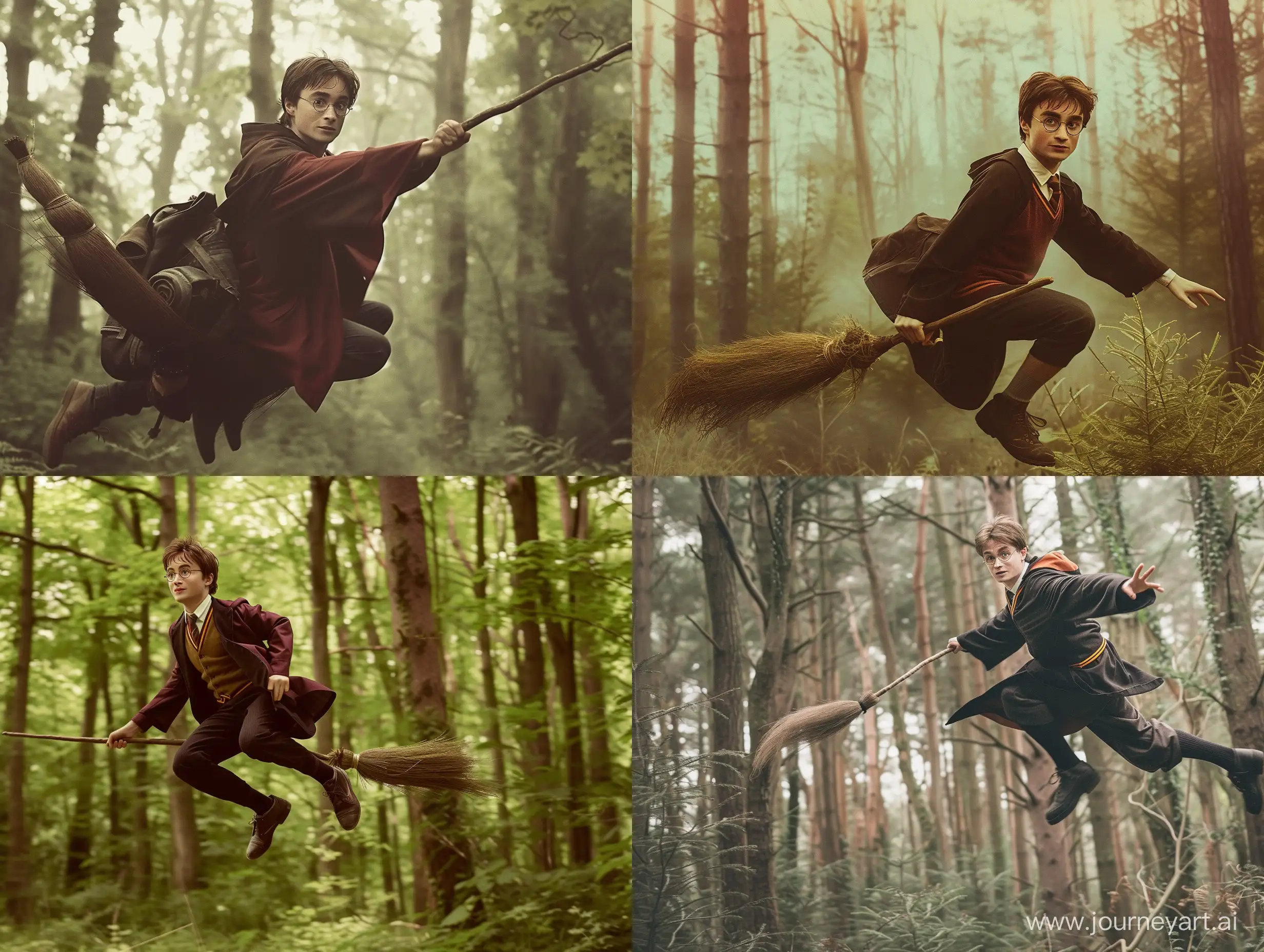 Гарри Поттер летит на метле среди леса
