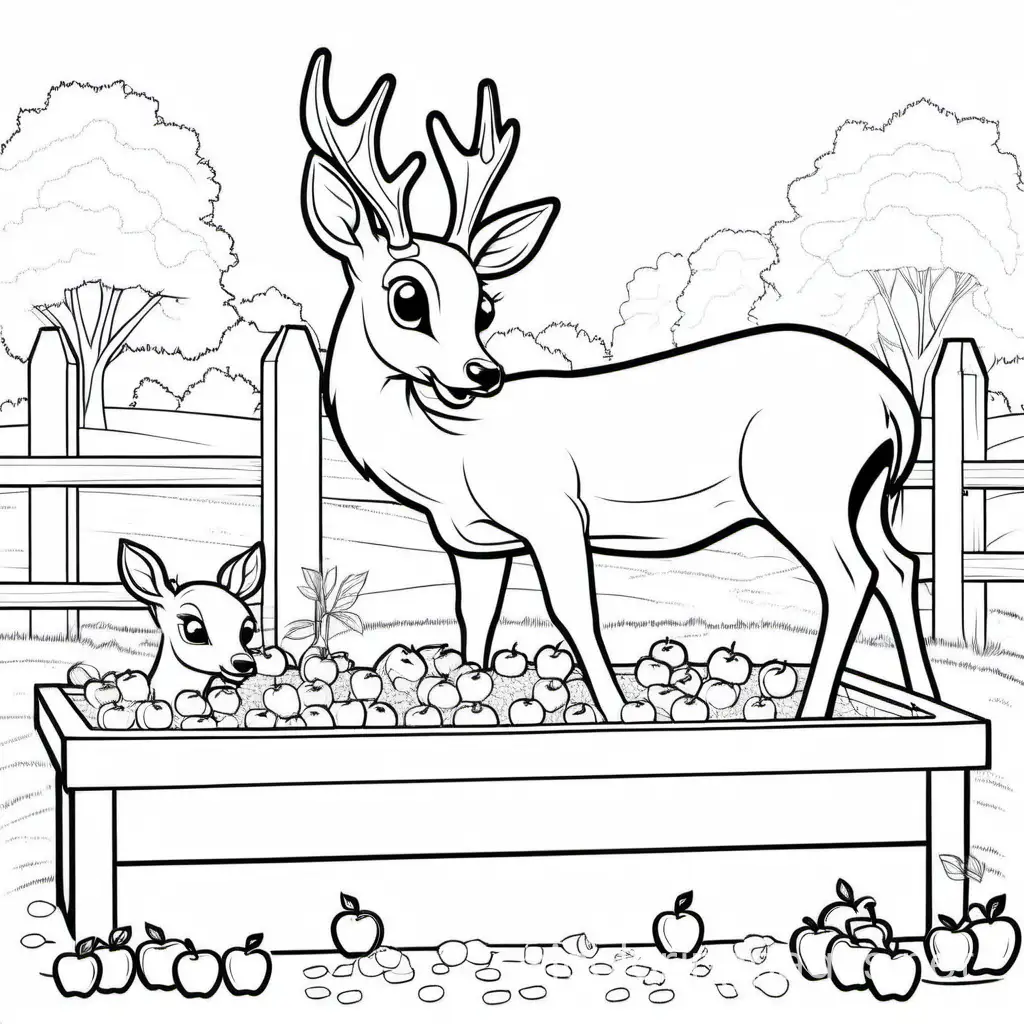 deer eating oats and apples from a feeding trough
, Coloring Page, black and white, line art, white background, Simplicity, Ample White Space. The background of the coloring page is plain white to make it easy for young children to color within the lines. The outlines of all the subjects are easy to distinguish, making it simple for kids to color without too much difficulty
