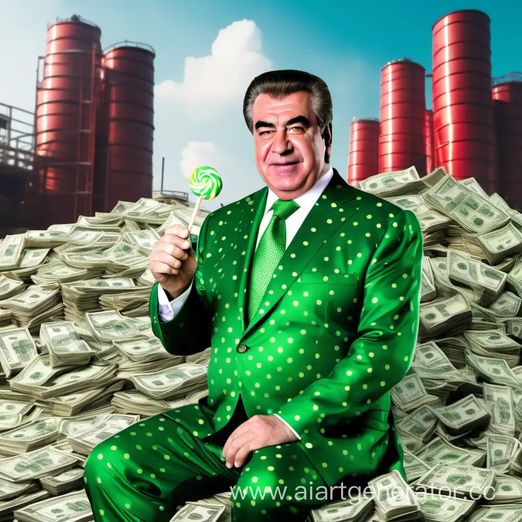 President-Rahmon-of-Tajikistan-in-Vibrant-PolkaDot-Attire-Surrounded-by-Wealth-and-Sweetness
