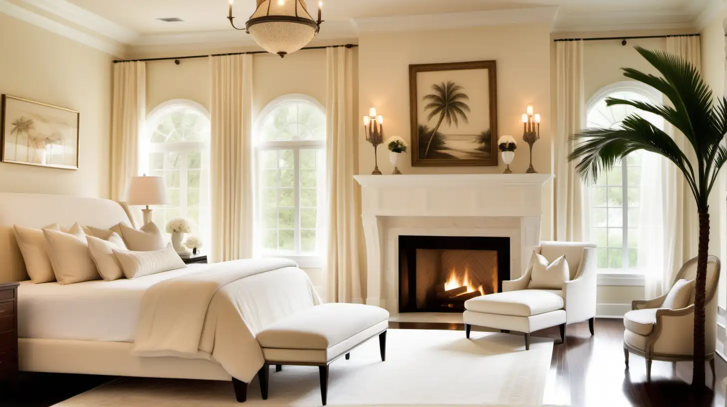 A large elegant cream colored bedroom with cream colored painted walls with cream colored plush large rug on the hardwood floor, with floor to ceiling windows draped with long cream colored curtains, and tropical palm trees outside the windows, a large bed with cream colored bedding and blankets and pillows, a beautiful cream colored fireplace and cream colored mantle, beautiful floral artwork framed on the walls, some elegant cream colored lamps on the nightstands with soft lighting, a cream colored chaise lounge with a cream colored blanket is near the fireplace.