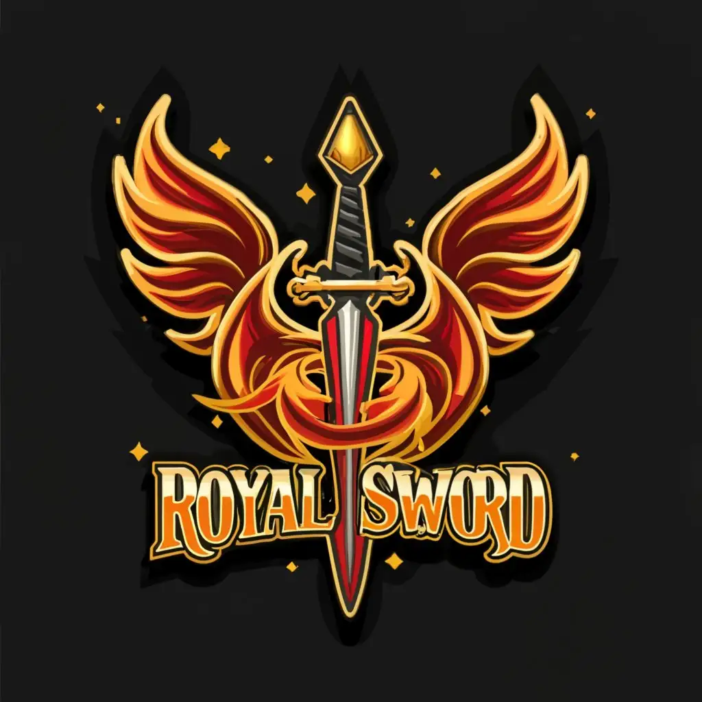 LOGO-Design-For-Royal-Sword-Flaming-Sword-with-Wings-and-Crown-Emblem