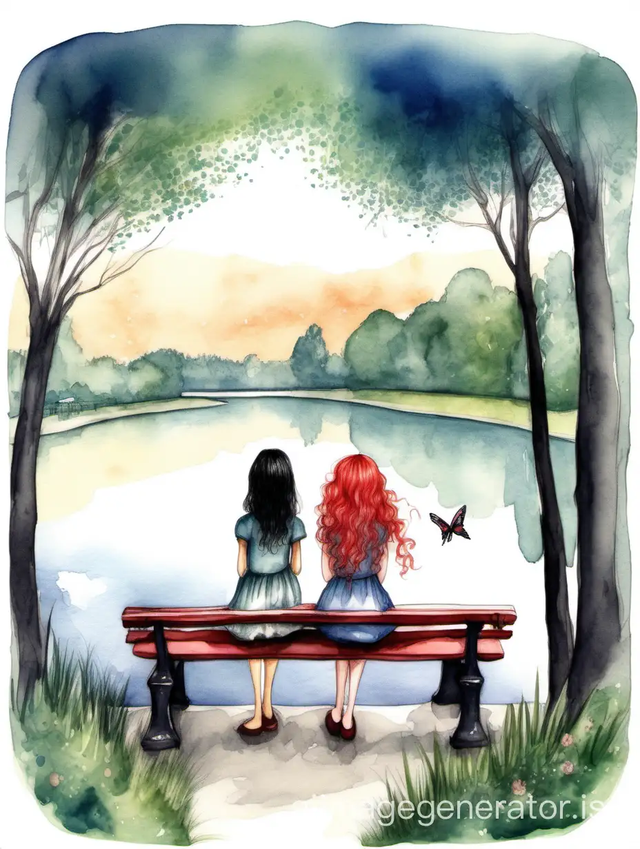 there are two girls in a picture. first girl with red curly hair is sitting on a bench on the left side, second on the right side is a girl with straight black hair and bangs in a park by the lake. The image has a dreamy mood. drawing in the style of a fairy tale painted in watercolor