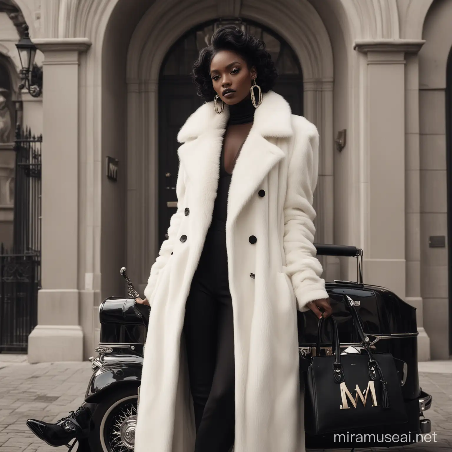 "M" branding, luxury fashion, black model  Luxury environment with cruella style