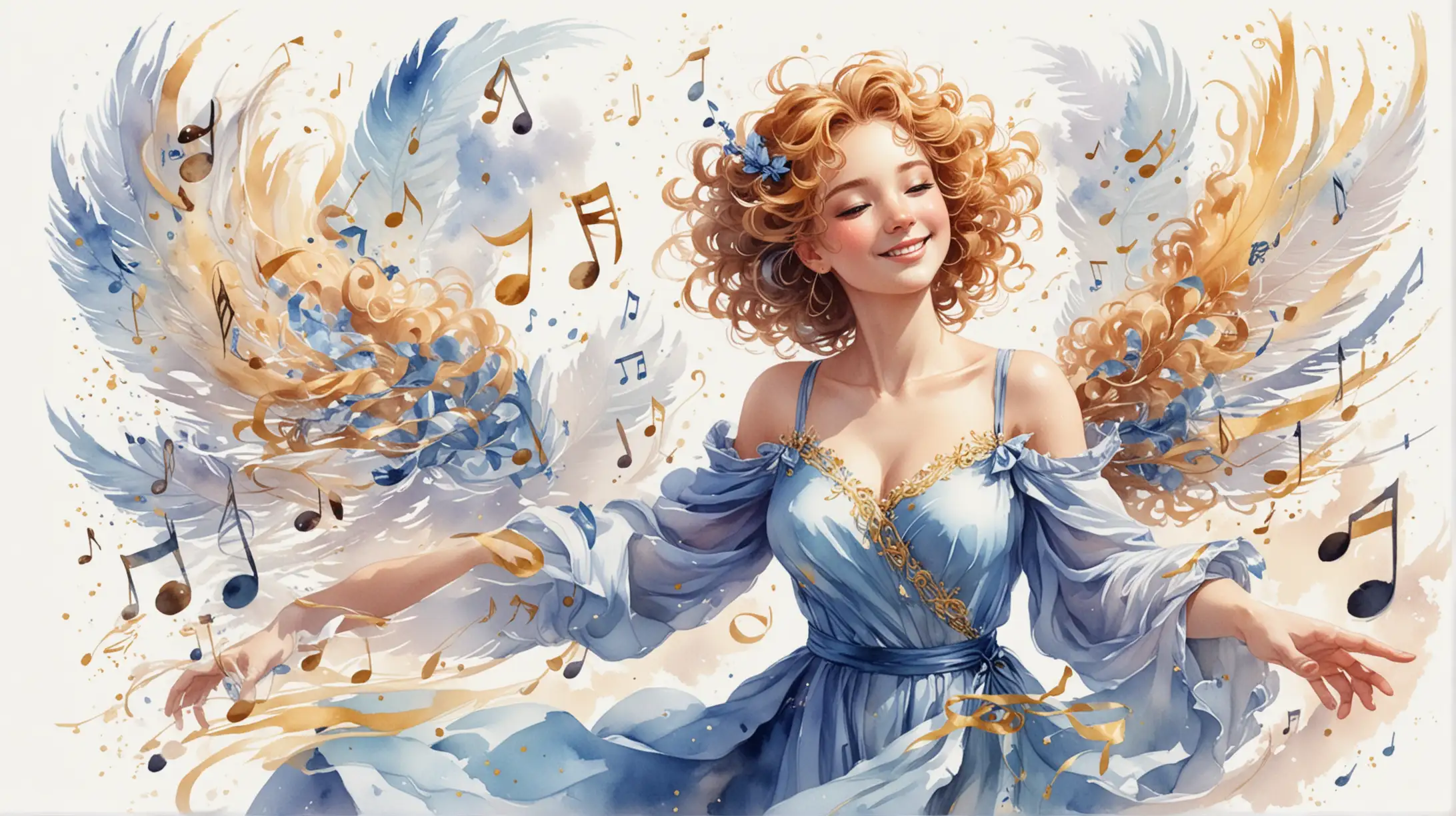 on a white background, painted in watercolor in anime style, the girl muse Euterpe in a light flying havenly blue dress, a happy smile, colorful notes fly out of developing hair, wings from notes, wind, flight, holds a treble clef in elegant palms, inspiration, fantasy, music, curly gold ribbons of black notes