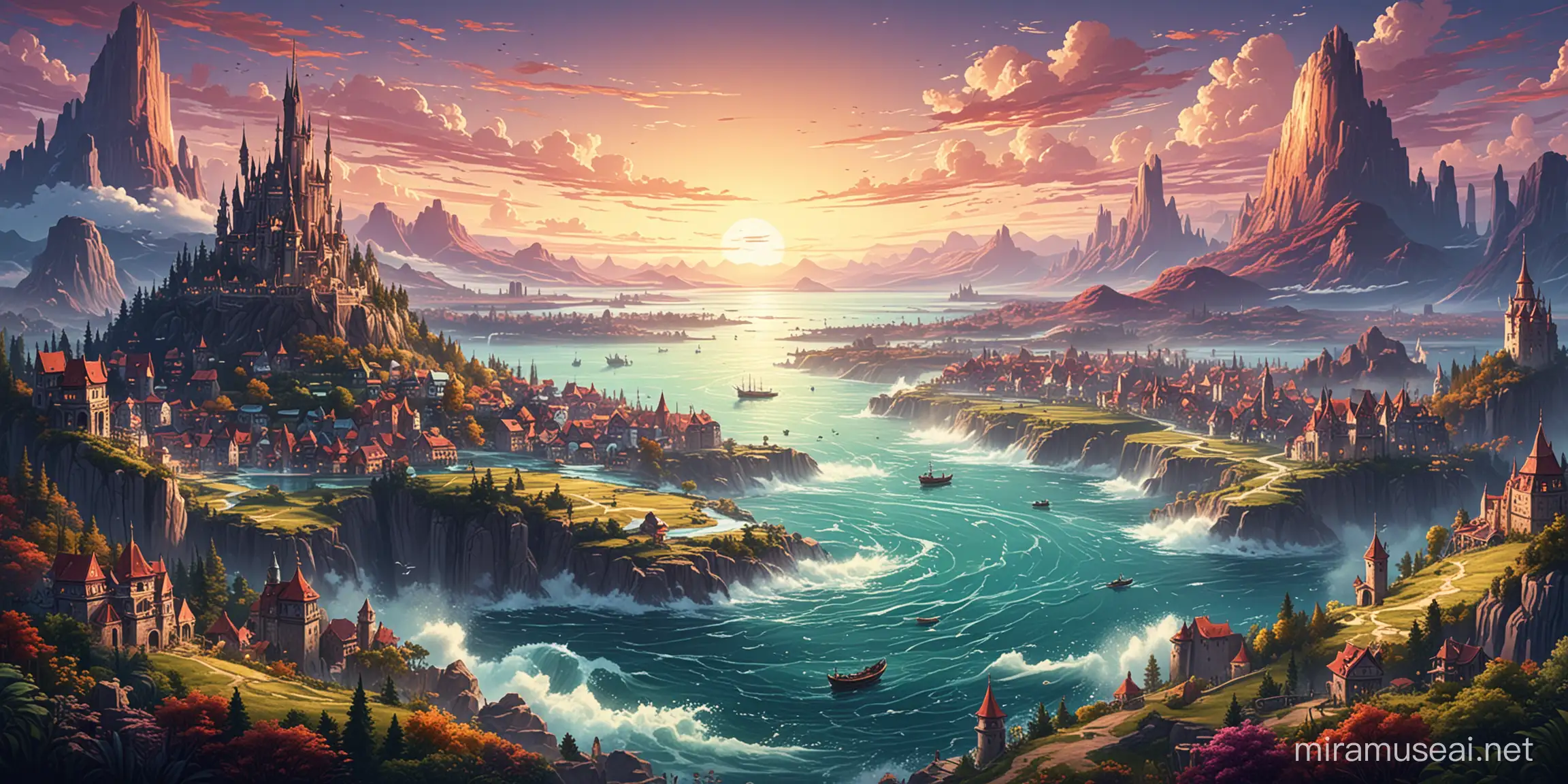 vector art of fantasy land with a distant city on a big river flowing into an ocean
