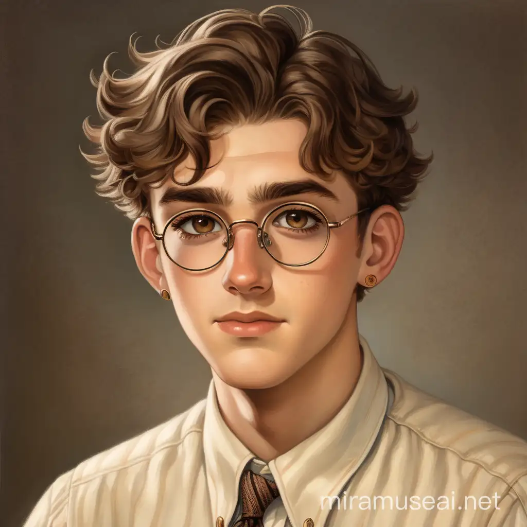 a young adult guy from 1910, hazel eyes, fluffy soft brown hair and a medium birthmark on his chin, wearing a cream colored button up, a pair of earrings, and glasses