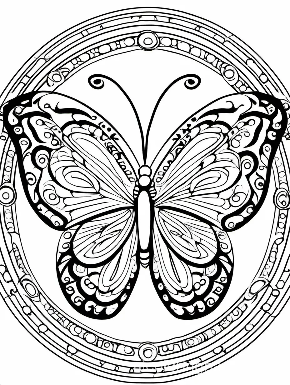 butterfly mandala with background, Coloring Page, black and white, line art, white background, Simplicity, Ample White Space. The background of the coloring page is plain white to make it easy for young children to color within the lines. The outlines of all the subjects are easy to distinguish, making it simple for kids to color without too much difficulty