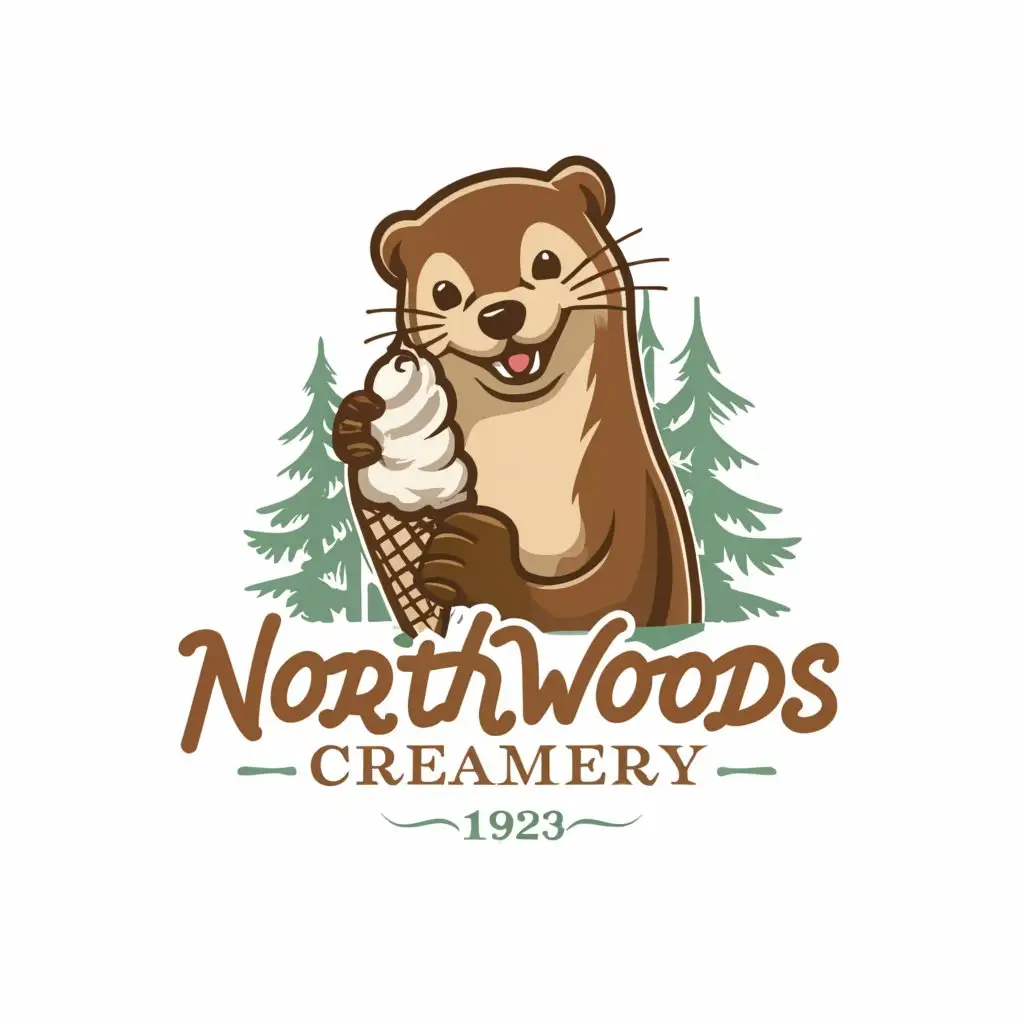 a logo design, with the text 'Northwoods Creamery', main symbol:Otter,white ice cream, trees in background, Moderate, clear background