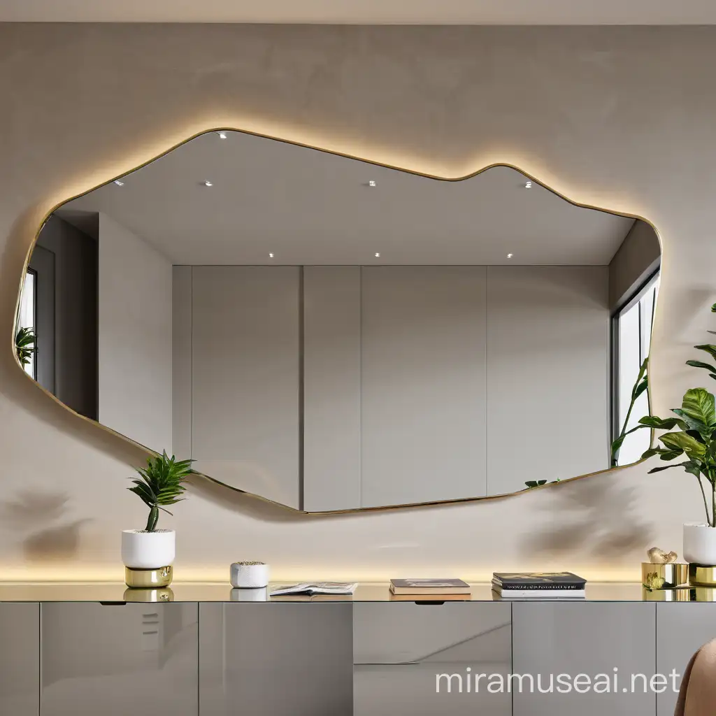 modern aesthetic luxury irregular mirror with modern storage and plants