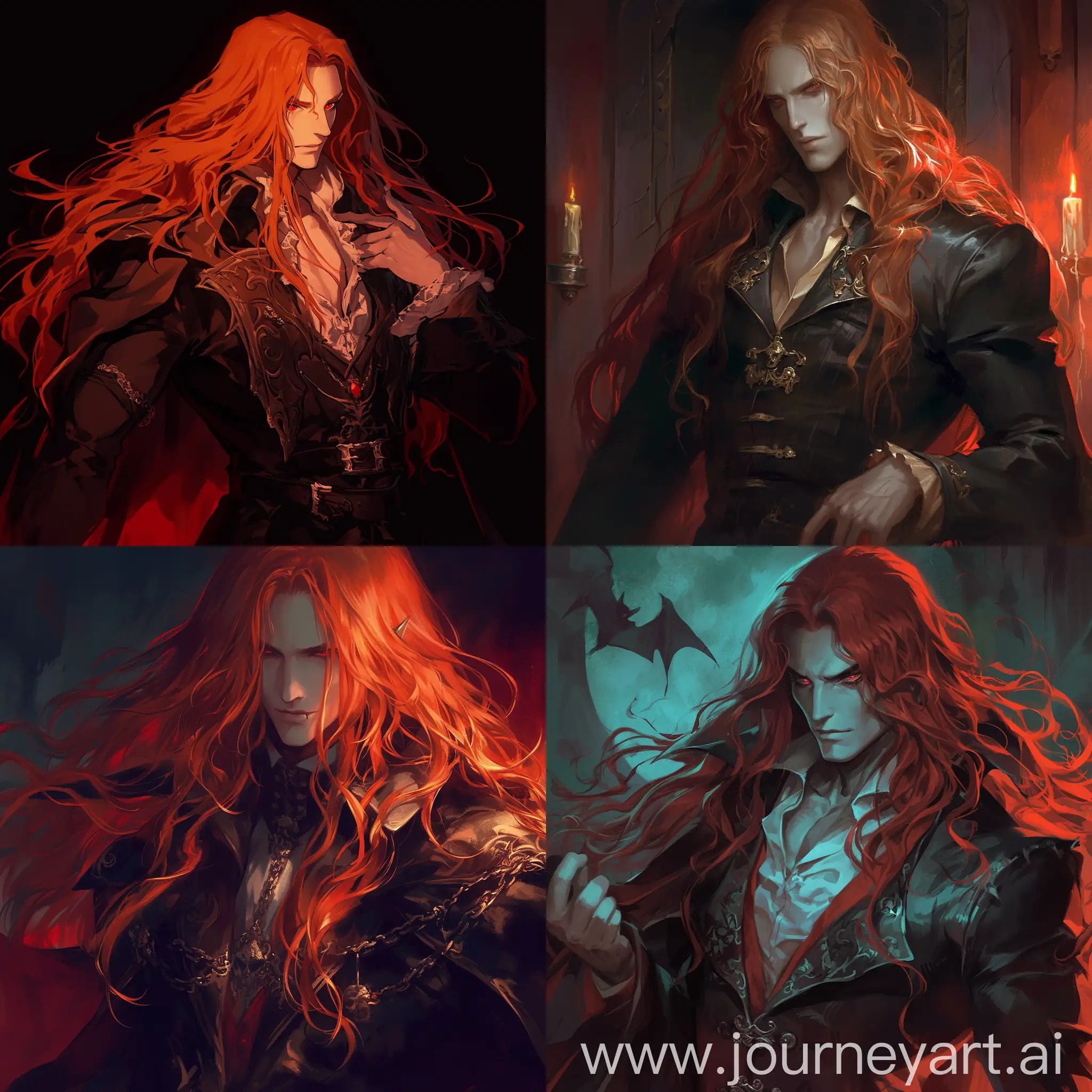 Vampire male, long red hair, dark skin, handsome, castlevania style, symphony of the night, gothic --niji 6