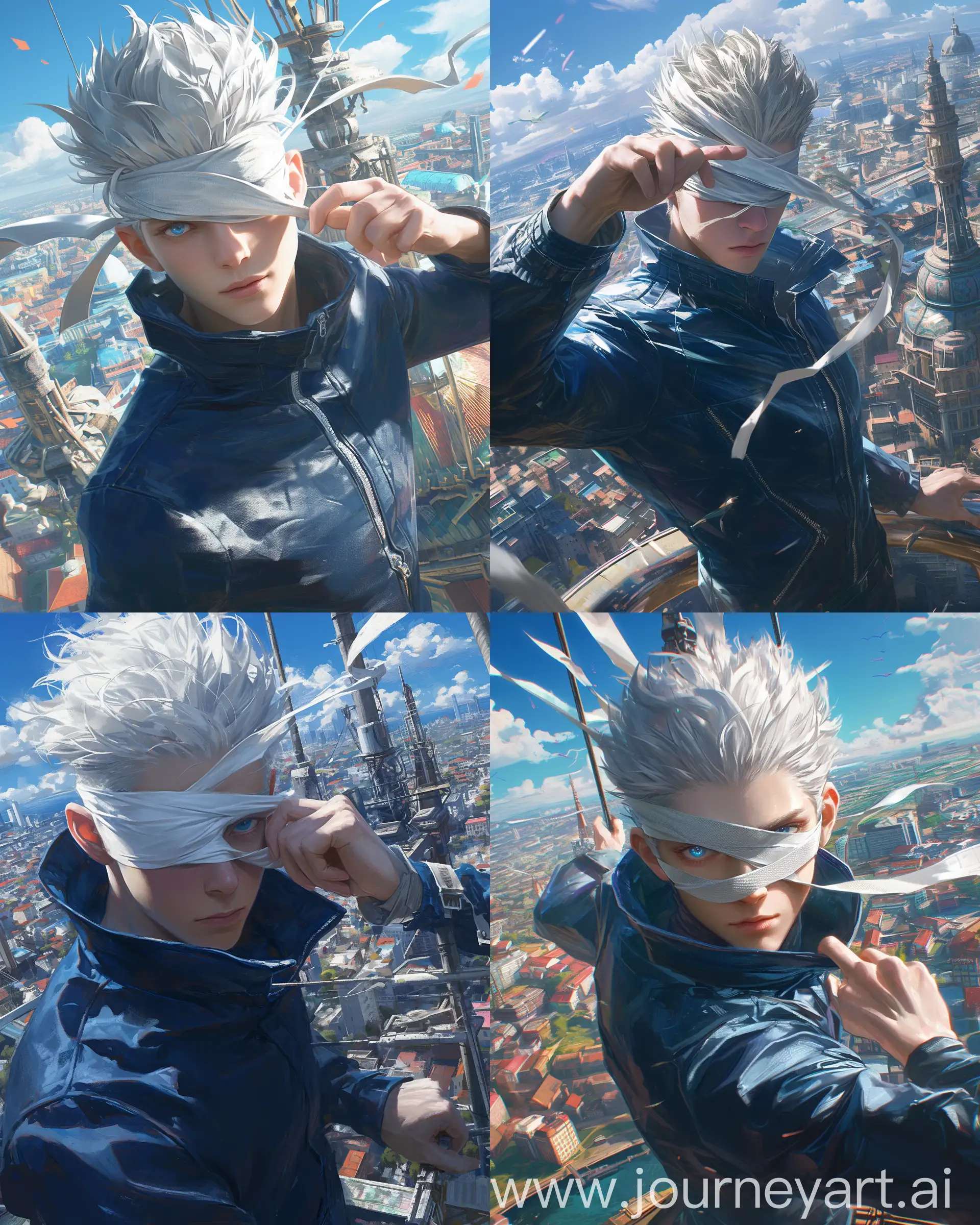 ultra realistic and highly detailed portrait of (Gojo satoru) from ( jjk) in a full body portrait in a cinematic scene,with face handsome face,he has blue eyes that are very beautiful,his hair are white (silver) and pointy that are dressed up,he is wearing a white cloth stripe as a blindfold and is pulling it with his hand revealing one of his eyes,he is wearing a dark blue zip-up jacket whose collar is very wide,he is standing on a tower in an epic scene in a dramatic mood,in a side pose looking at viewer ,and the camera is focusing his whole body , with camera angle from top to bottom with sky and city in background,his body is tall and well built. --ar 4:5 --niji 6 --stylize 750