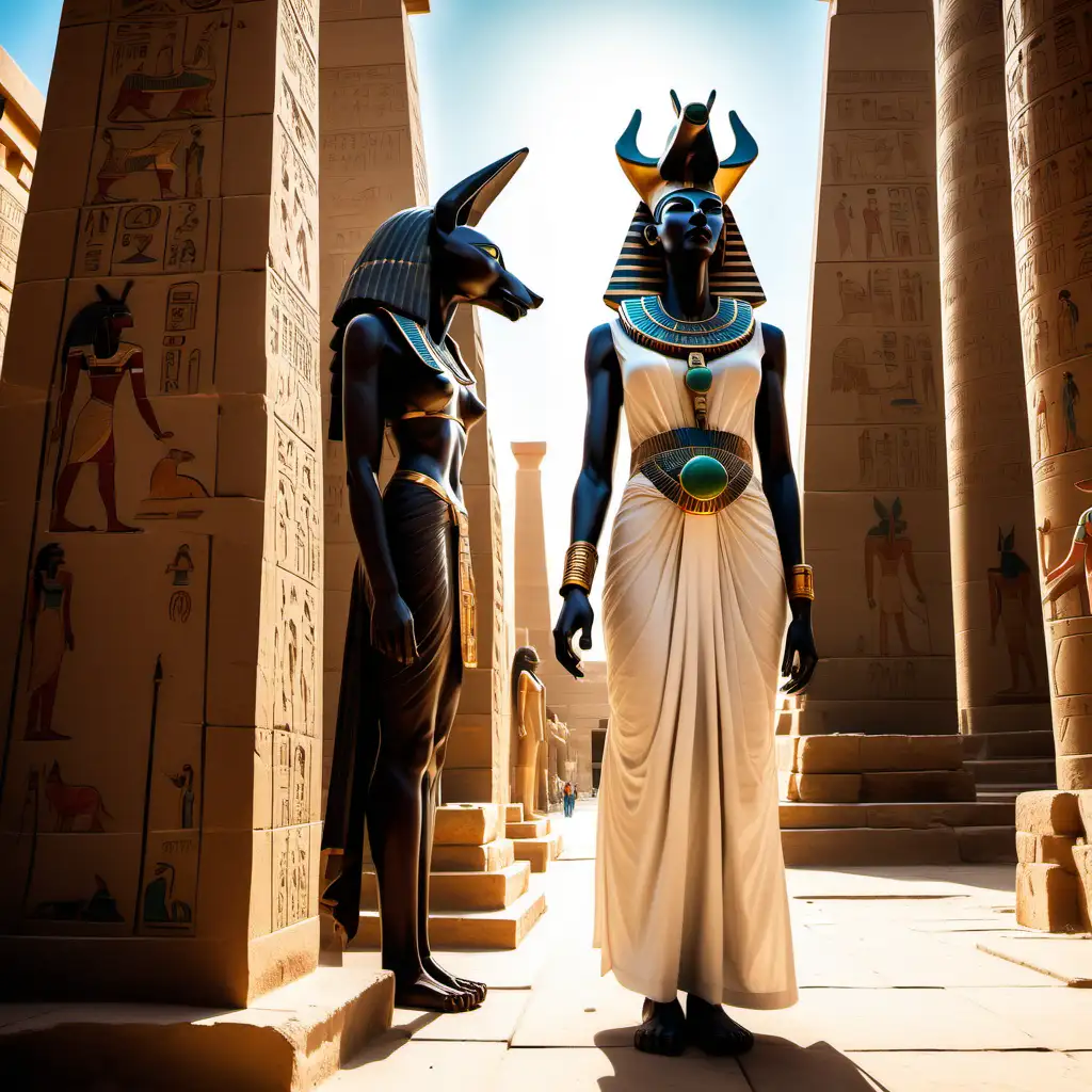 A tall white British woman with mid length dark brown hair stands in a temple in Karnak and Egypt, the sun is blazing down on her and she is standing beside a statue of Anubis, she looks happy and reverent, the atmosphere is sun, spiritual, fantasy hopeful, bright, energetic, she is wearing ancient Egyptian robes and looks very feminine