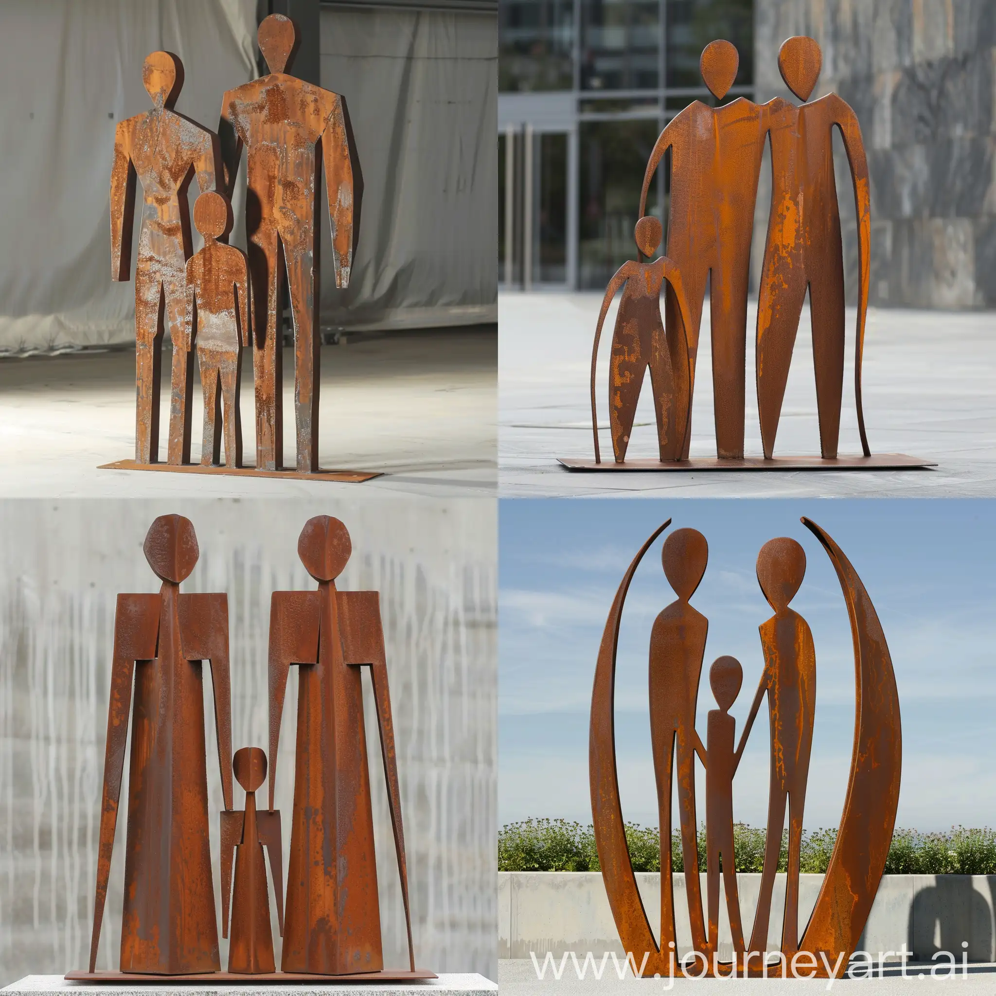 Figurative for people, two adults, two children, mild steel, rusty, 4 m high 1.6 m wide, public art public sculpture