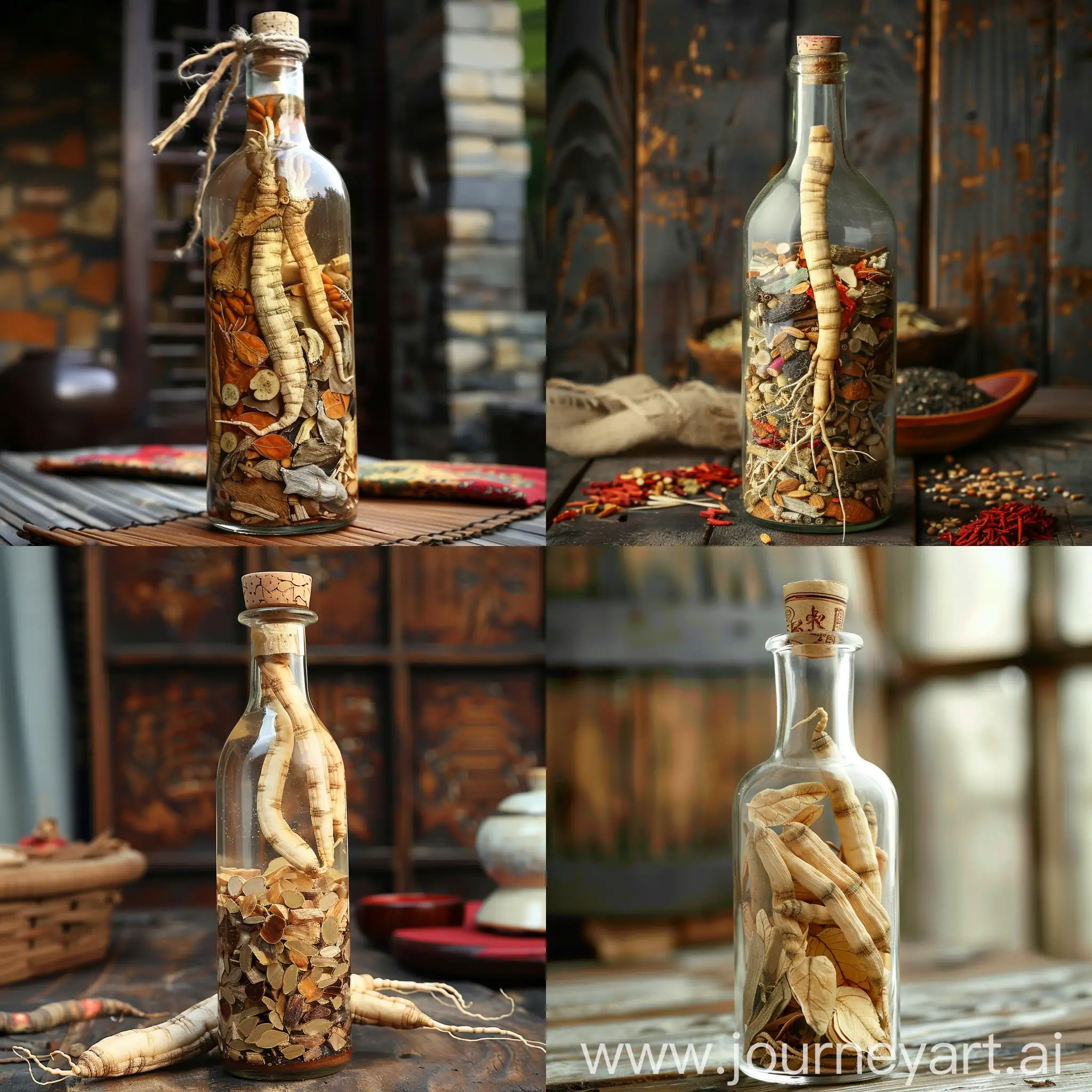 Ginseng and many Chinese herbs in a glass wine bottle.