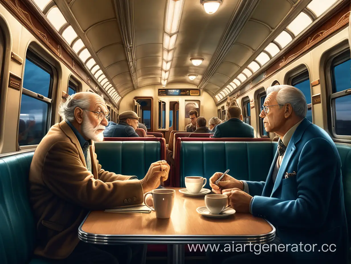 старик и молодой парень сидят и разговаривают в ресторанном вагоне поезда, вокруг на других столах сидят пасажиры, освещение в вагоне приглушенный