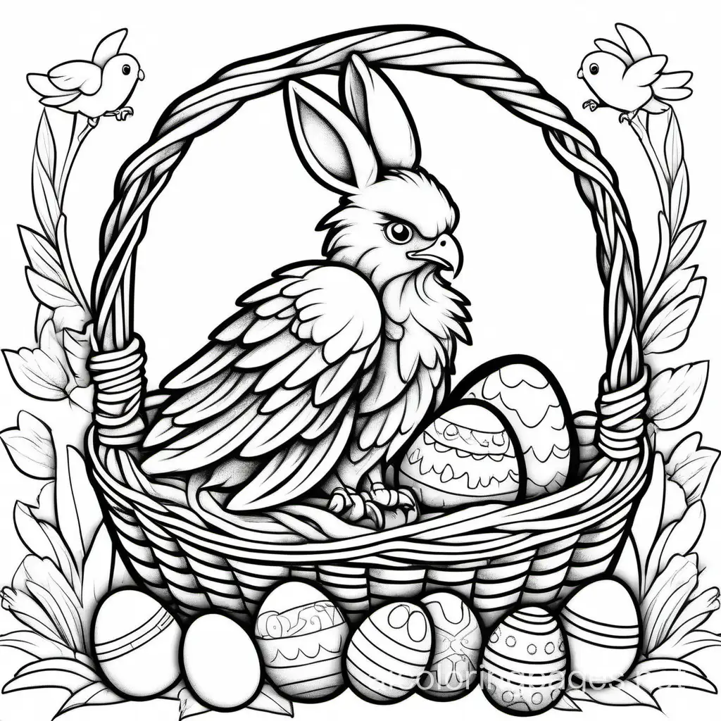 easter cute eagle bunny basket, Coloring Page, black and white, line art, white background, Simplicity, Ample White Space. The background of the coloring page is plain white to make it easy for young children to color within the lines. The outlines of all the subjects are easy to distinguish, making it simple for kids to color without too much difficulty