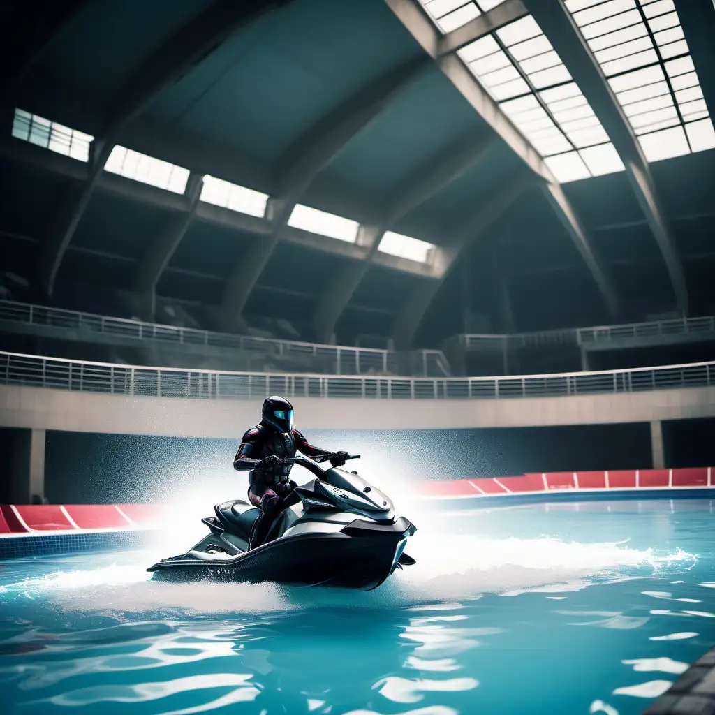 water, pool, jetski, stunt, cyberpunk-costume, indoor-arena, realistic, canon eos 5d mark IV