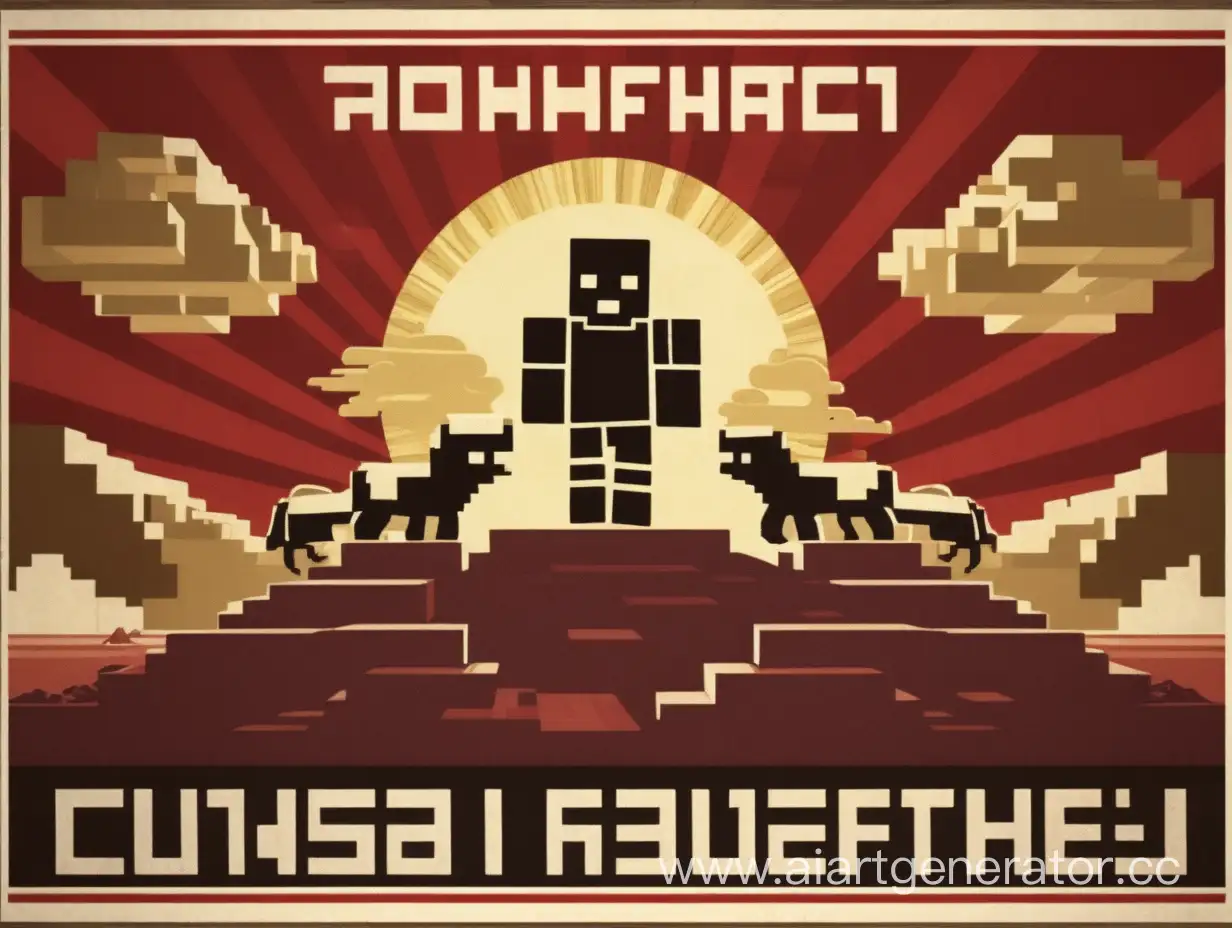 Soviet propaganda poster in the style of Minecraft