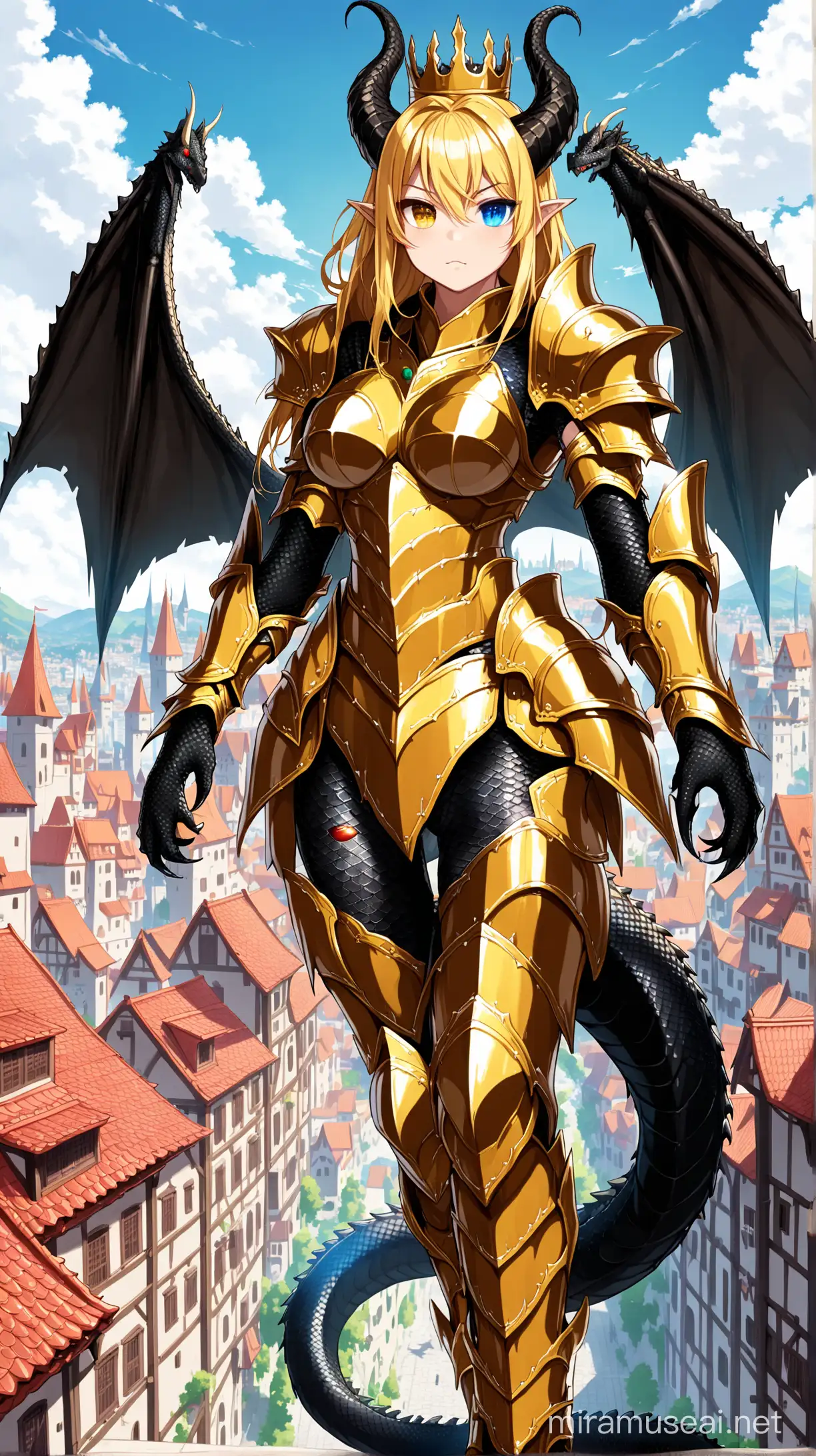 1girl, woman, female, full body, plate armor, (golden armor: 1.5), city, city background, medieval, medieval city, dragon woman, (half dragon: 1.2), dragonkin, giantess , front view, (black scales: 1.5), (heterochromia: 1.5), glowing eyes, black eye, golden eye, blonde hair, shiny hair, low perspective, serious, horns, big horns, horn crown, dragon tail, big tail, sexy, fantasy, looking at viewer, monster girl