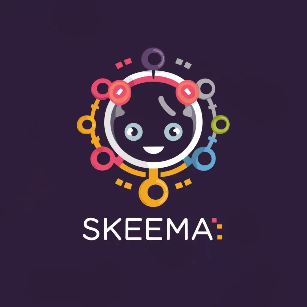 a logo design,with the text "Skeema", main symbol:AI chatbot in front of a visual workflow type database schema,complex,be used in Internet industry,transparent background, happy expression