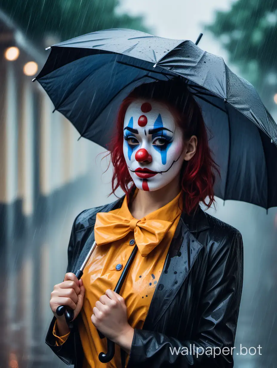 A beautiful woman with a clown mask painted on her face, holding an umbrella in the rain, feeling sad