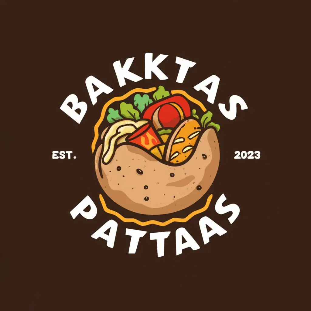 a logo design,with the text "Baktas Patatas", main symbol:Loaded baked potato with sides, dessert and drink,Minimalistic,be used in Travel industry,clear background