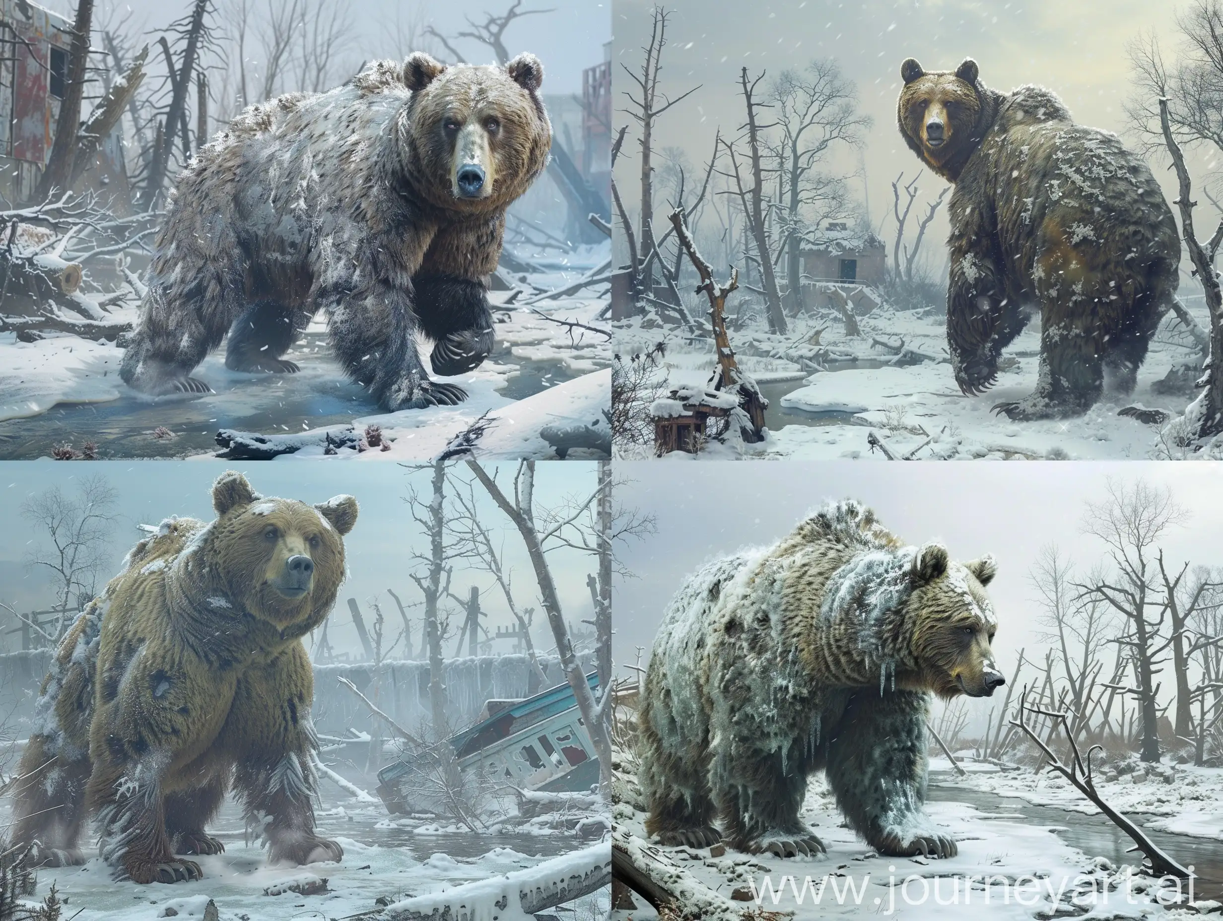 In a desolate, post-apocalyptic landscape, a massive grizzly bear emerges from its long hibernation, its fur thick and frost-covered. The bear, with a mix of curiosity and wariness in its eyes, stands on its hind legs amidst the remnants of a once-thriving forest now covered in a layer of snow and ash. The bear's awakening is juxtaposed against a backdrop of skeletal trees, their bare branches coated in a layer of frost, and remnants of human civilization partially buried in the snow.
The environment is a hauntingly beautiful yet desolate winter landscape, featuring skeletal trees, frozen rivers, and abandoned buildings. The sky is overcast, casting a muted light over the bleak scene, and remnants of nuclear fallout are visible in the snow, creating an unsettling atmosphere. Style: The image is depicted in a realistic and detailed style, capturing the raw emotion and vulnerability of nature in the aftermath of a catastrophic event. The color palette is dominated by cold and muted tones, with icy blues, ashy grays, and hints of faded greens, emphasizing the harshness of the nuclear winter. The atmosphere is somber and reflective, conveying a sense of both resilience and sorrow as nature reclaims the remnants of a world forever changed.