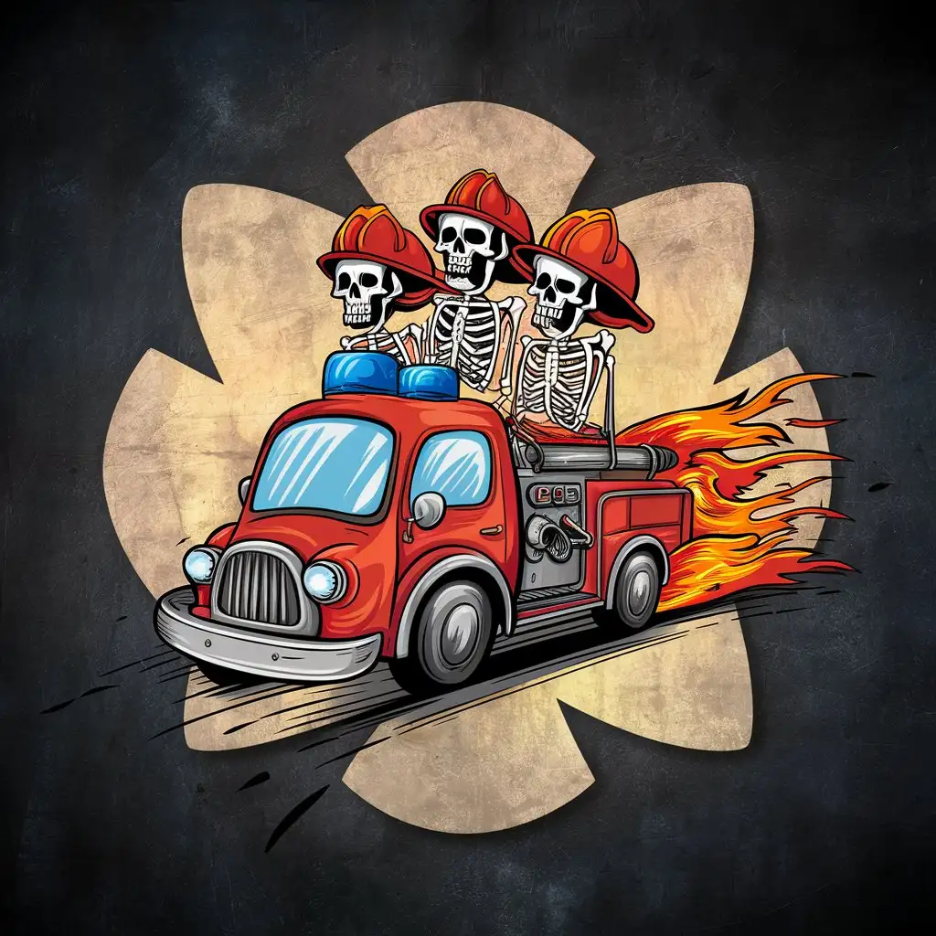 A logo for a fire station, comprised of a maltese cross background, a cartoon style fire engine in the foreground, and skeletons in fire helmets riding the top of the fire engine