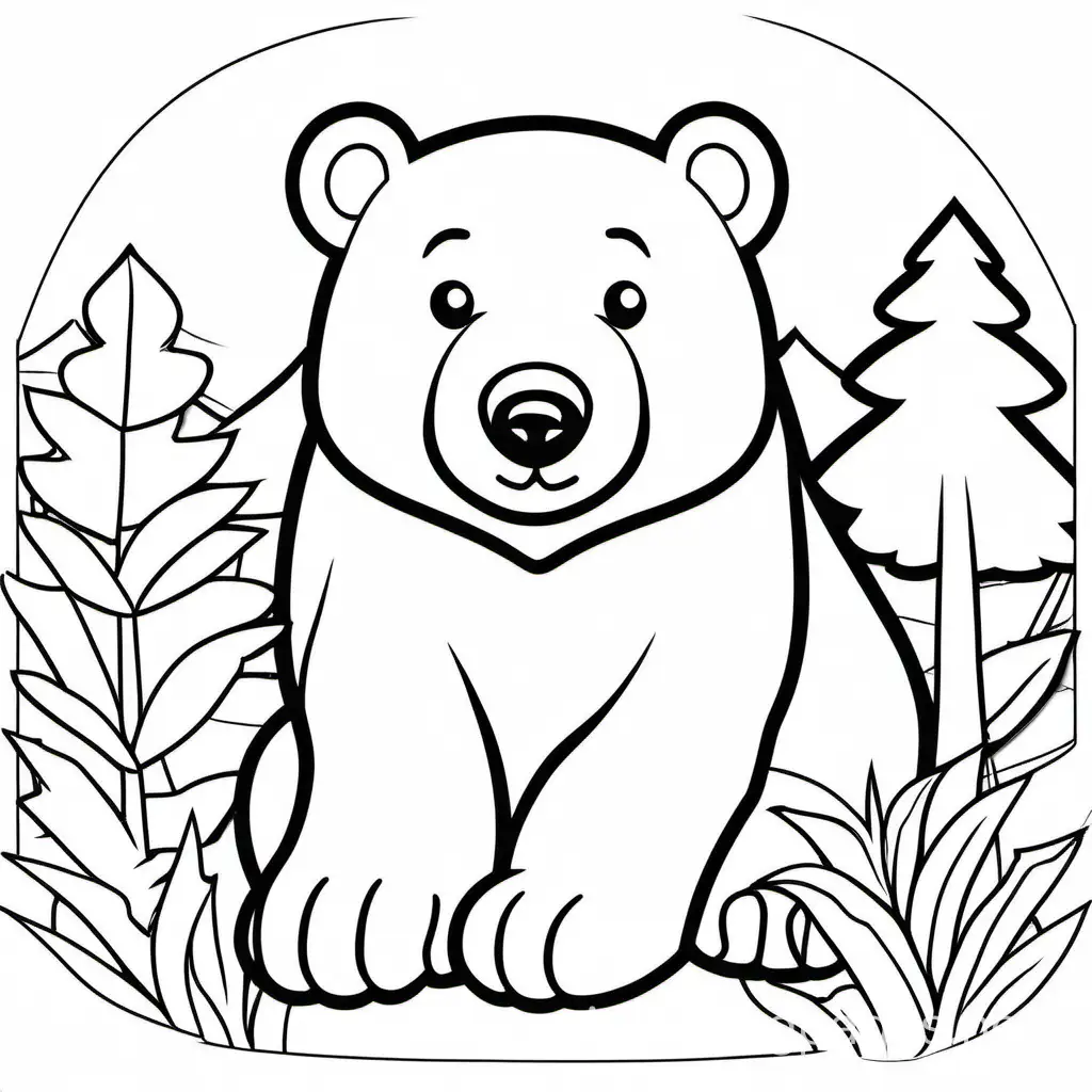 black bear, Coloring Page, black and white, line art, white background, Simplicity, Ample White Space. The background of the coloring page is plain white to make it easy for young children to color within the lines. The outlines of all the subjects are easy to distinguish, making it simple for kids to color without too much difficulty