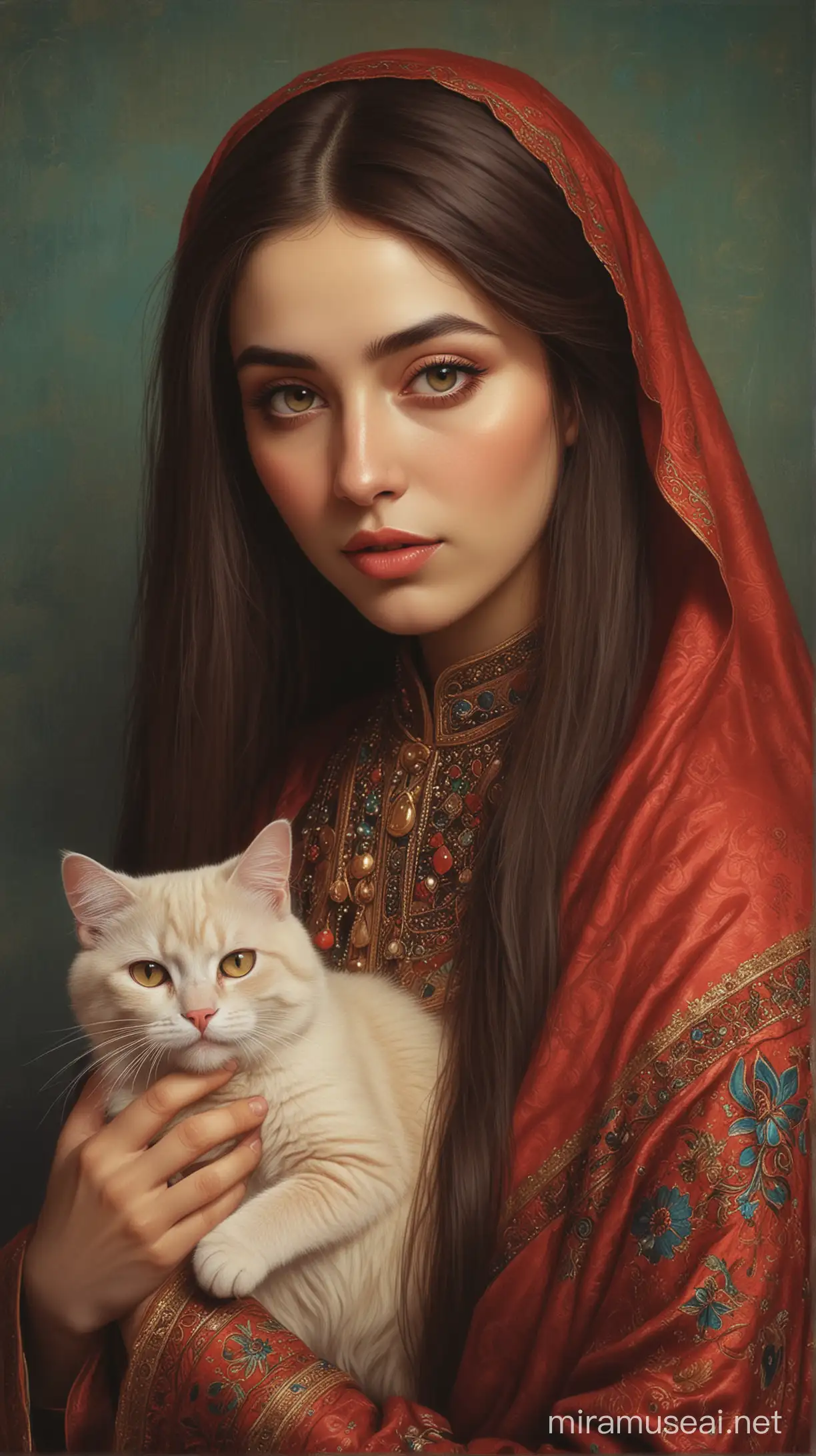 qajar woman with her sleepparalysis demoncat, long sleek hair, beautiful and judgmental, cat-treats paradise, artcollage, artsy, evocative, quirky, gradients, colorful-light, detailed face, detailed, art by franz stuck, art by sungmoo heo, art by grace aldrich, art by tom bagshaw, art by aykut aydogdu, yuri shwedoff