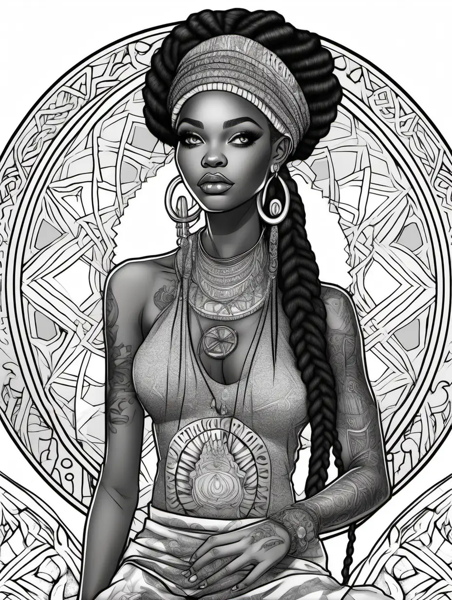 tarot, ghetto, African American, black girl, Queen, modern, full body, friends, makeup, black and white, no shading, fine lines, mandala, coloring pages, —at 9:11, transparent hair, detailed background, braids, small breast, sexy