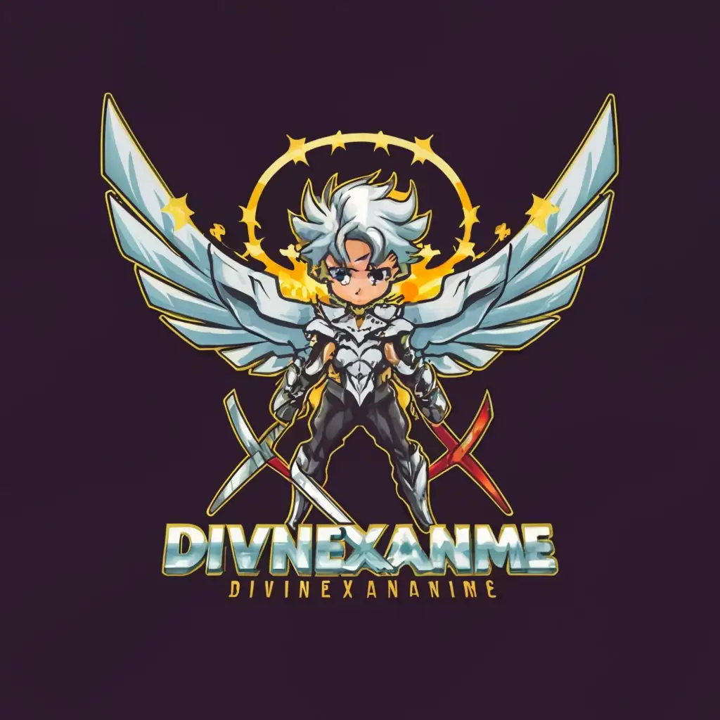 a logo design,with the text "DivineXAnime", main symbol:Angle wings Anime Character sword ninja god,Moderate,clear background