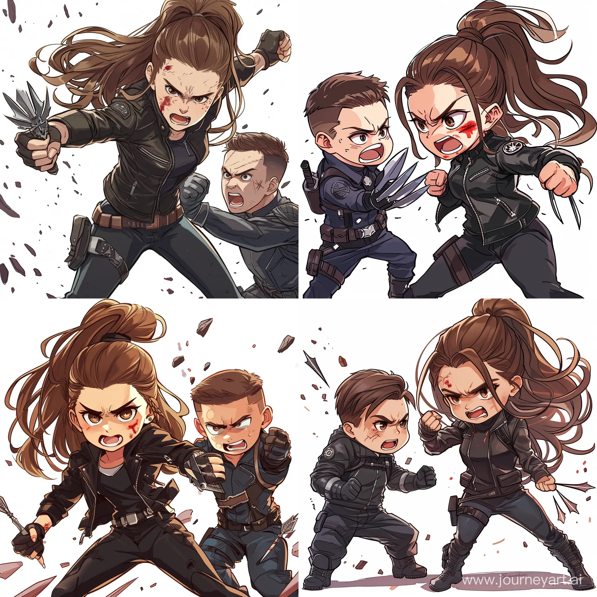 15 year old girl, she is angry, has a few cuts on her face, brown long hair in high ponytail, brown eyes, black leather jacket, black pants, fancy throwing knives in each hand, the winter soldier by her, the winter soldier has short hair, they are fighting, anime cartoon style