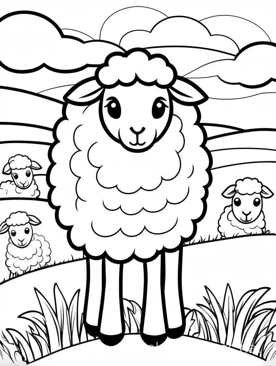 sheep, Coloring Page, black and white, line art, white background, Simplicity, Ample White Space. The background of the coloring page is plain white to make it easy for young children to color within the lines. The outlines of all the subjects are easy to distinguish, making it simple for kids to color without too much difficulty