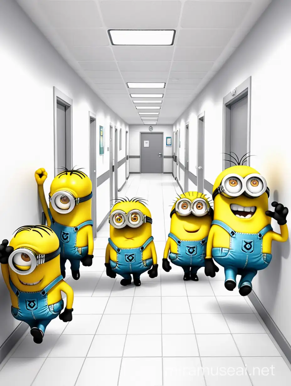 minions having fun on the corridor of modern clinic, cartoon