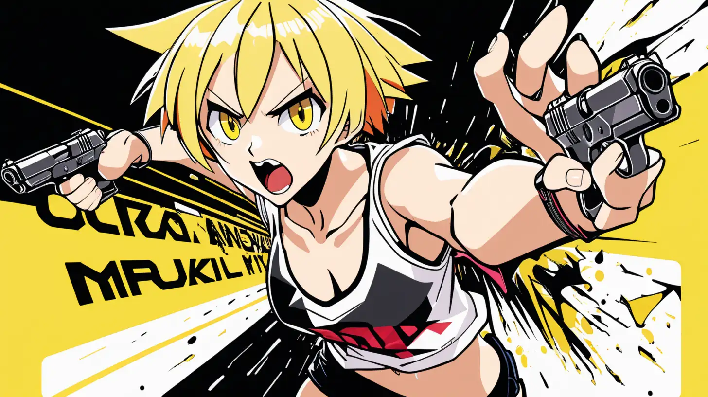 anime adult woman hero that looks like ryuko matoi short yellow hair with black highlights short white ripped tshirt exposing cleavage sexy midriff short black shorts posterized halftone yellow black white 3 color minimal design holding handgun in one hand reaching out with other