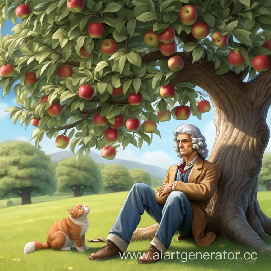 Newton sits under an apple tree and thinks