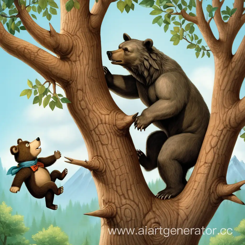 
The bear and the wolf quickly climbed a tree
