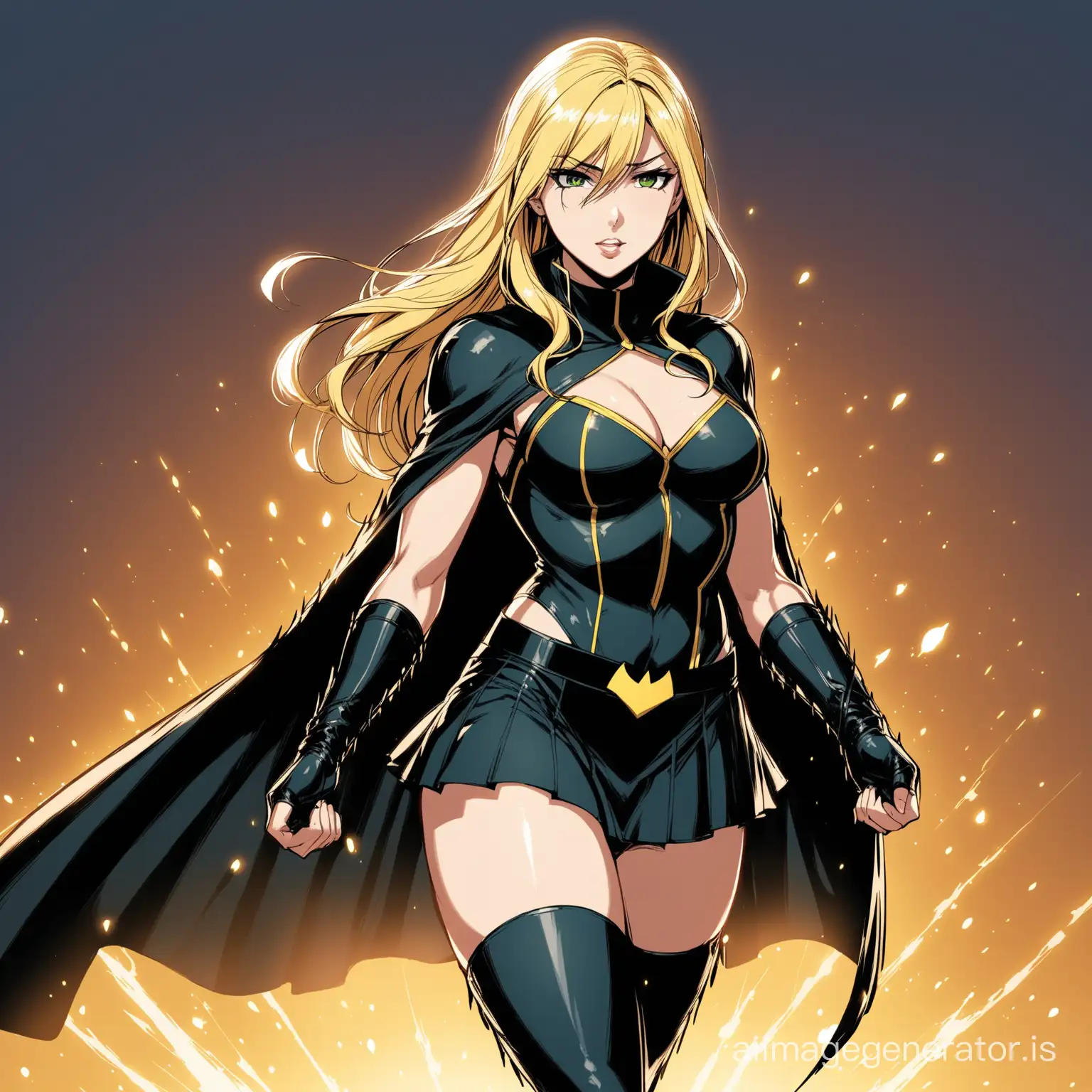 hot anime girl in black canary costume with no shoulder covering and a skirt wearing a cape