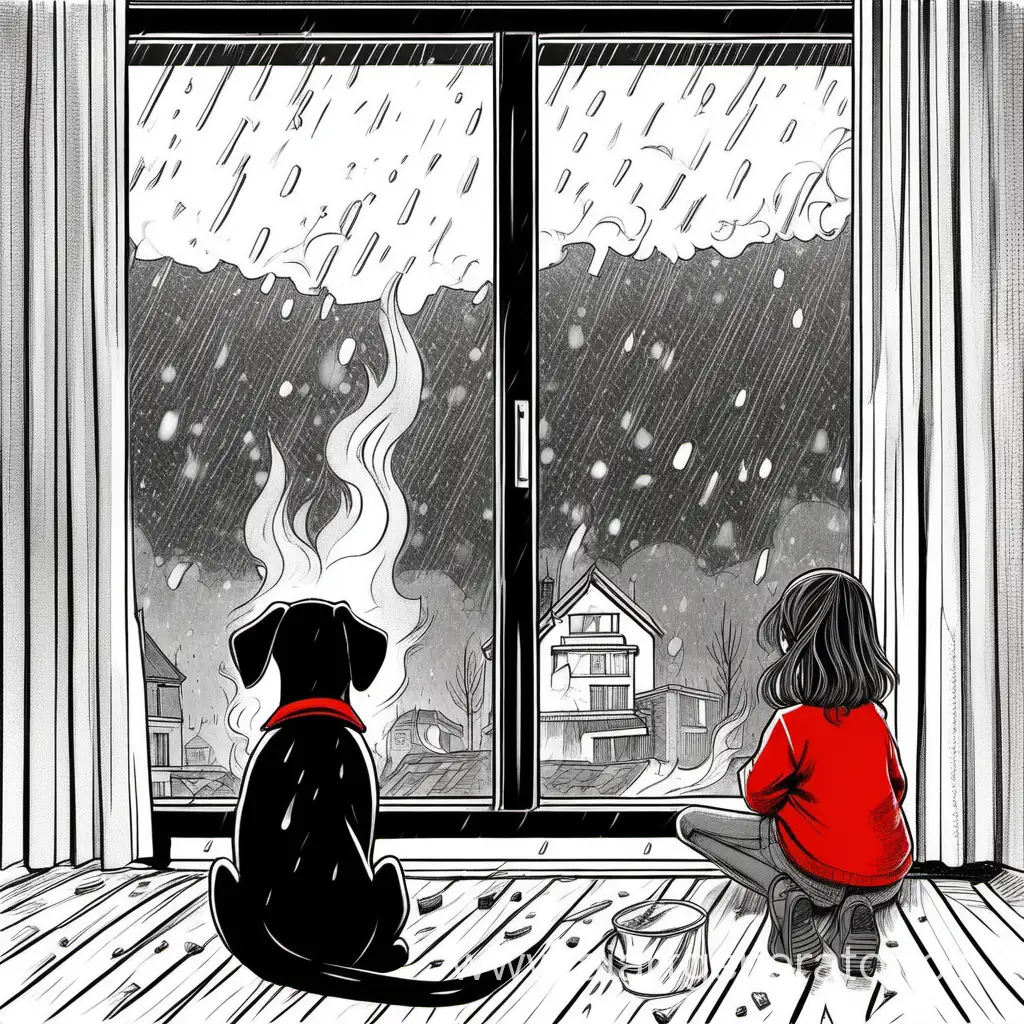 Идёт дождь, сверху девушка смотрит в окно, внизу черно-рыжая собака сидит у костра