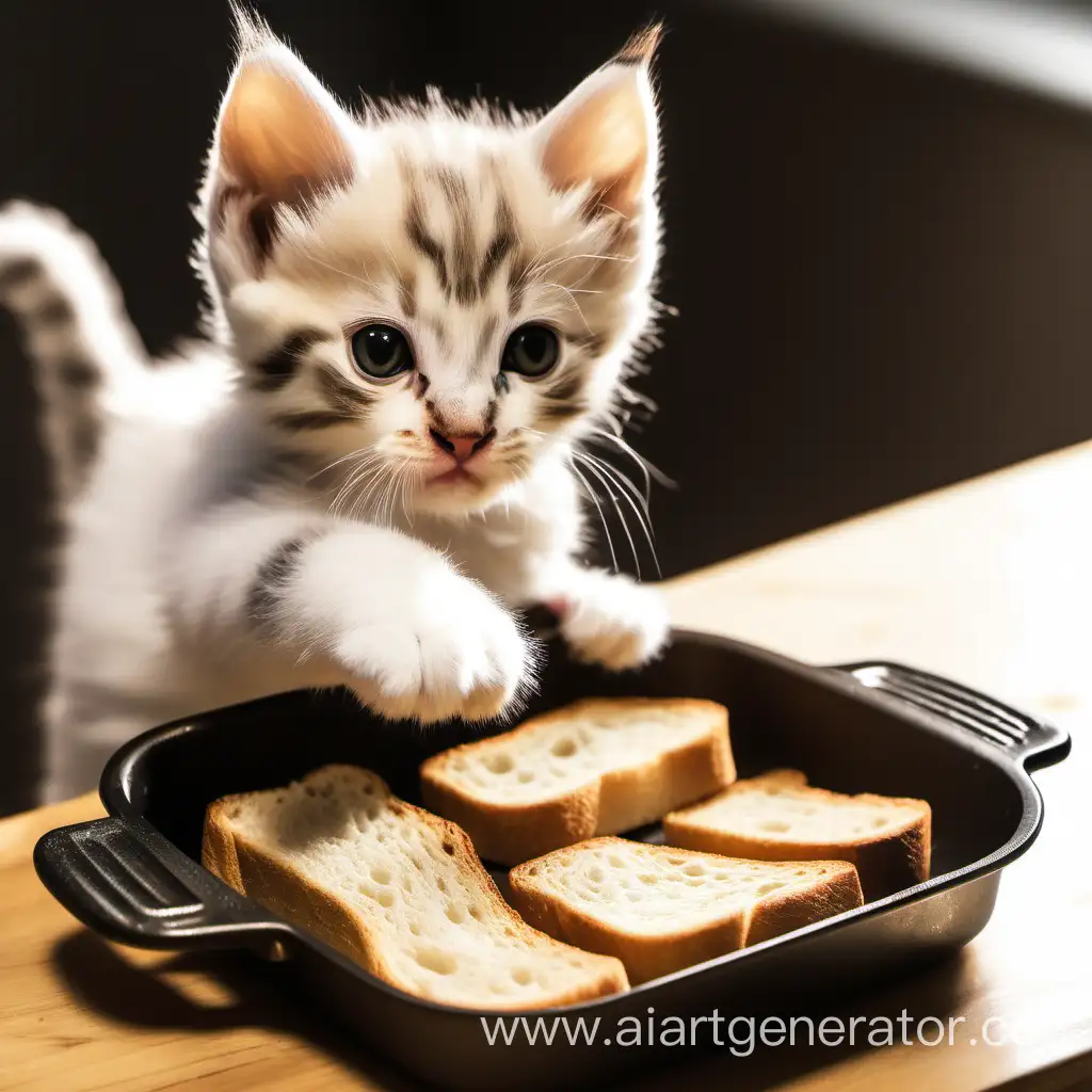 Красивый котенок жарит два куска хлеба для тостов на сковородке