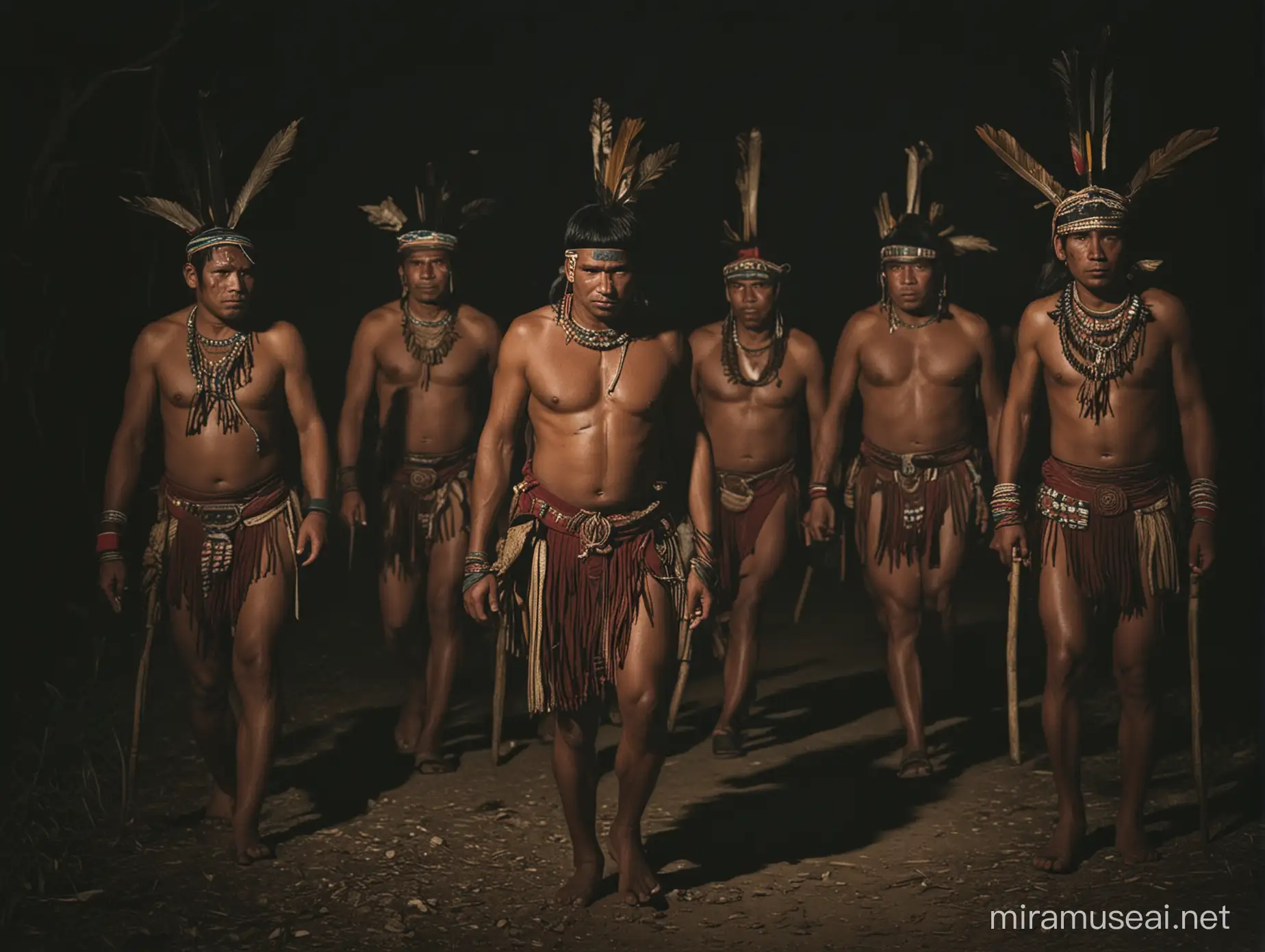 un hombre maya sujetado por otros hombres mayas caminando durante la noche oscura